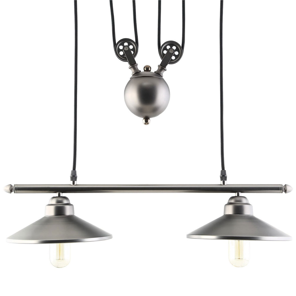 Industrial silver pendant bar with two wide metal shades and exposed bulbs for focused task lighting || EEI-1567 || detail_studio