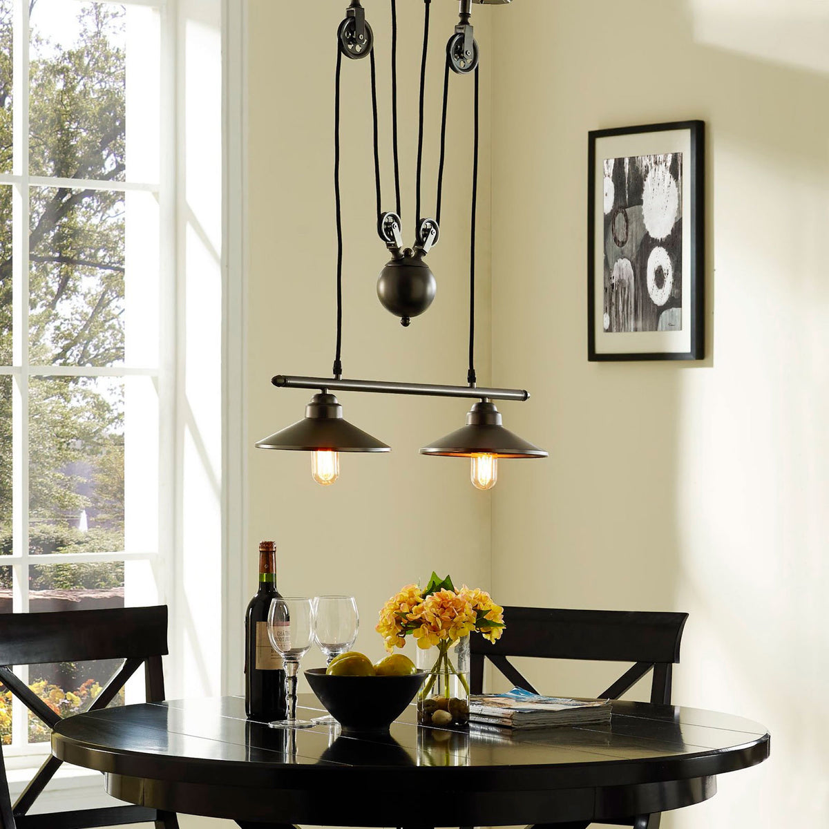 Innovateous dual pendant light illuminating a cozy dining nook with warm industrial charm || EEI-1567 || front_on_room