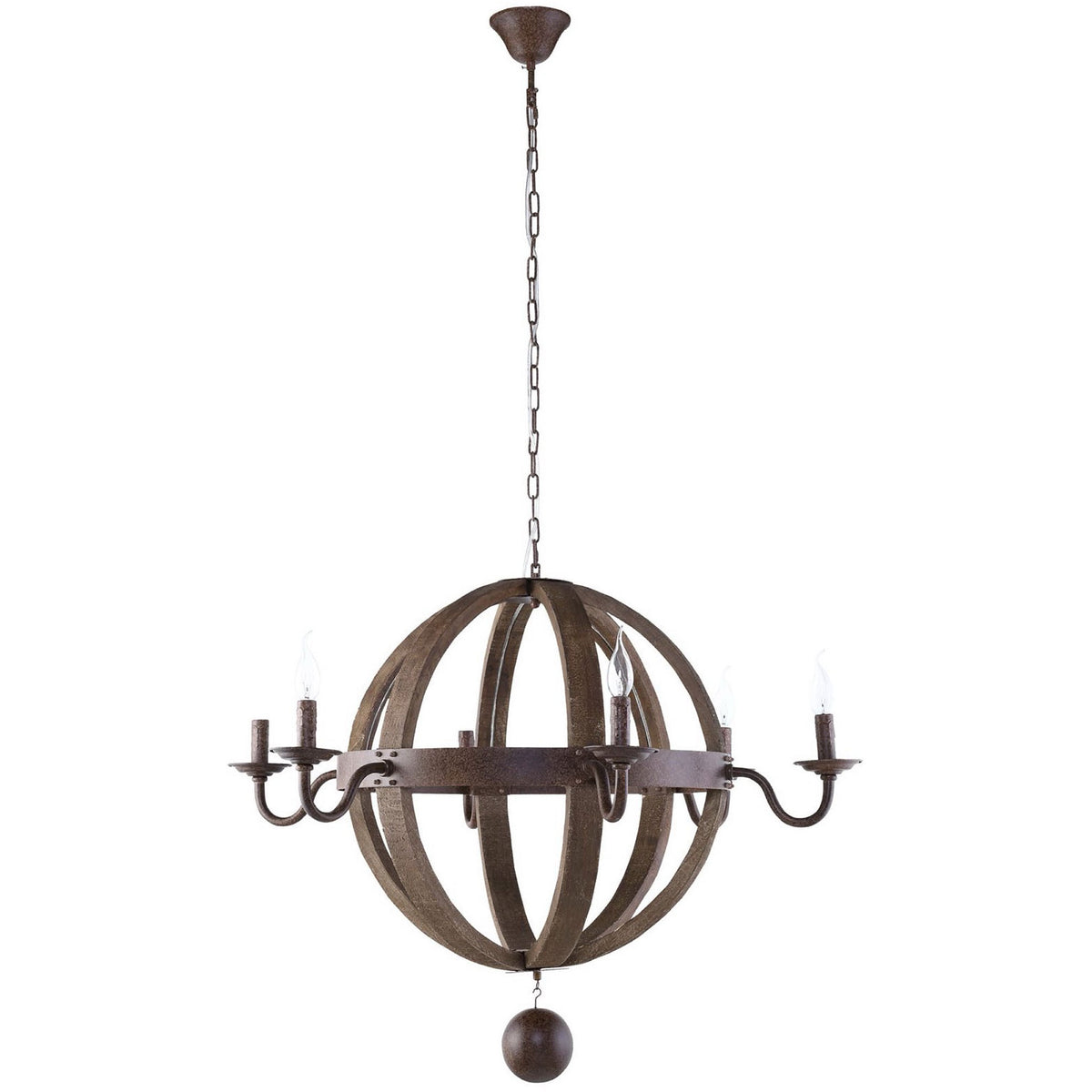 Globe chandelier with distressed wood bands, six candle-style lights, and a suspended steel accent sphere || EEI-1569 || front_studio