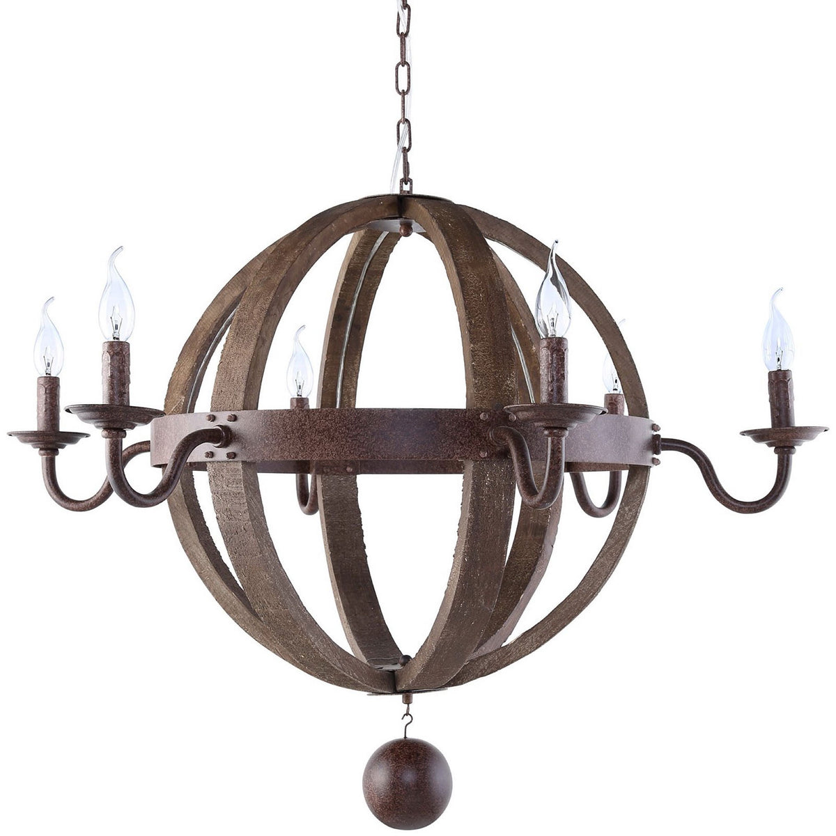 Orbit-style chandelier of rustic wood and steel with six candelabra sockets and a weighted hanging sphere || EEI-1569 || front_studio