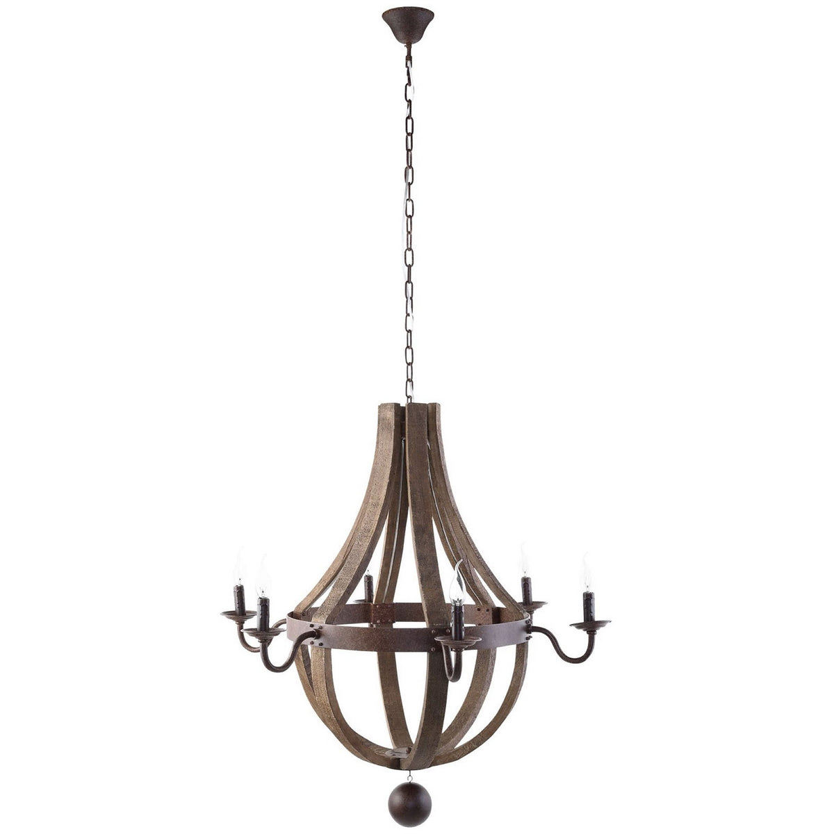 Rustic chandelier with distressed wood frame, aged metal arms, and six candelabra lights with steel ball accent || EEI-1570 || front_studio