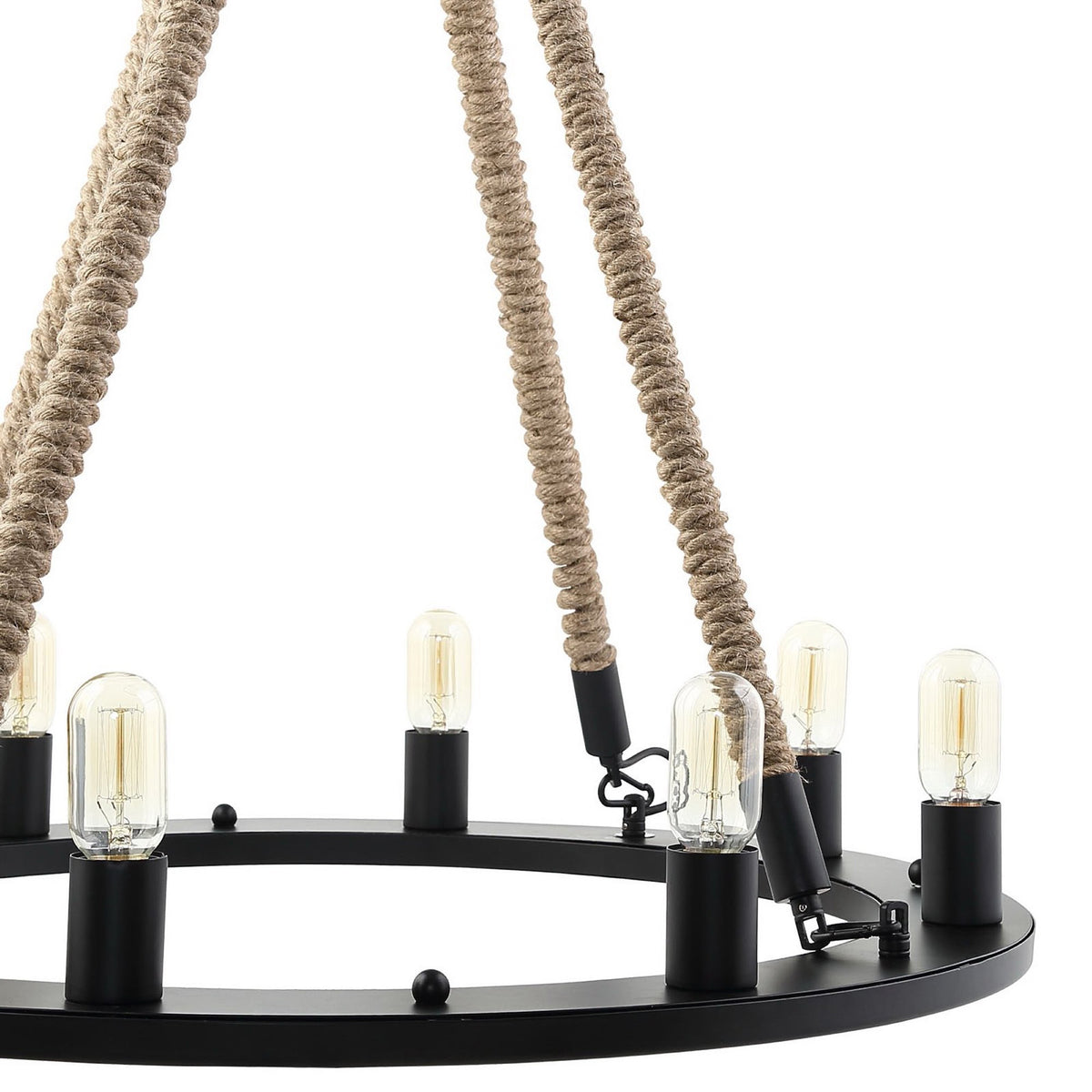 Clear filament bulbs rise from black sockets along a steel ring with rustic rope and hook accents