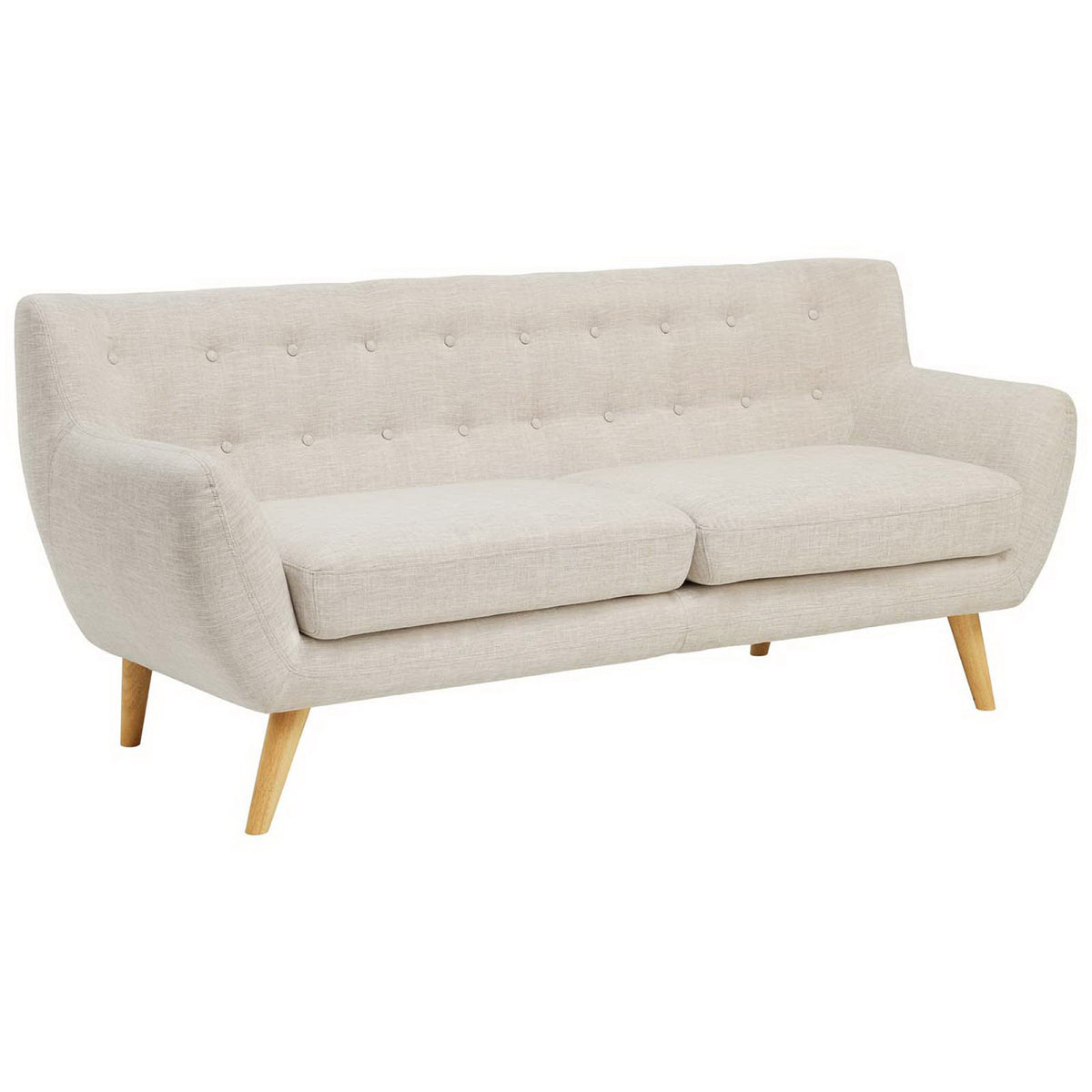 Gently curved arms and a roomy two-cushion seat give this beige sofa an inviting silhouette