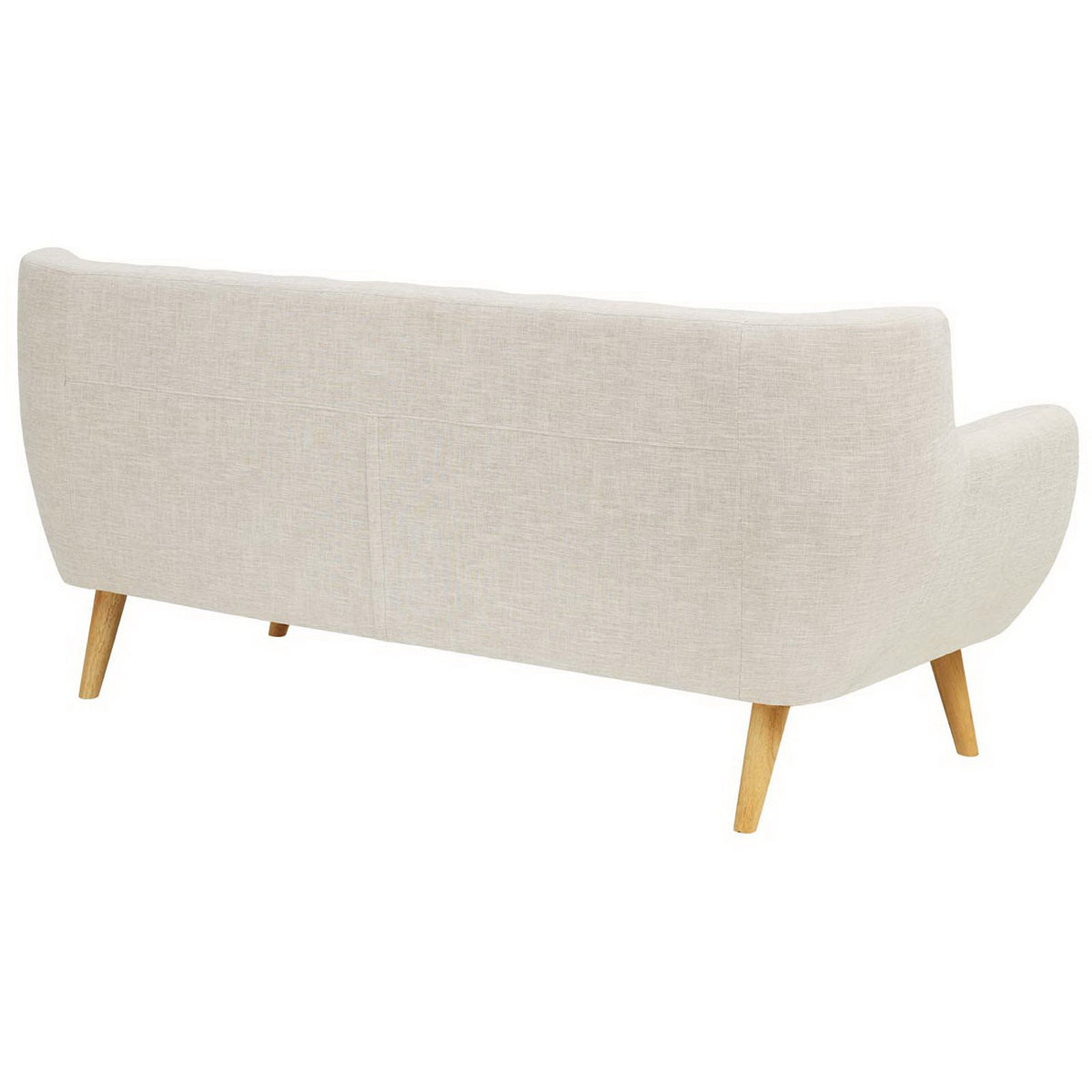 Smooth beige upholstery wraps the sofa's sculpted back above splayed natural wood legs