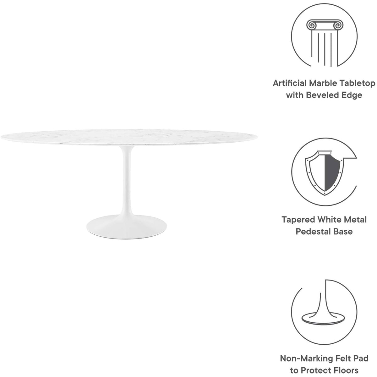 Informational graphic highlights the marble finish top, pedestal base, and non marking floor pad || EEI-1659-WHI || callout_studio