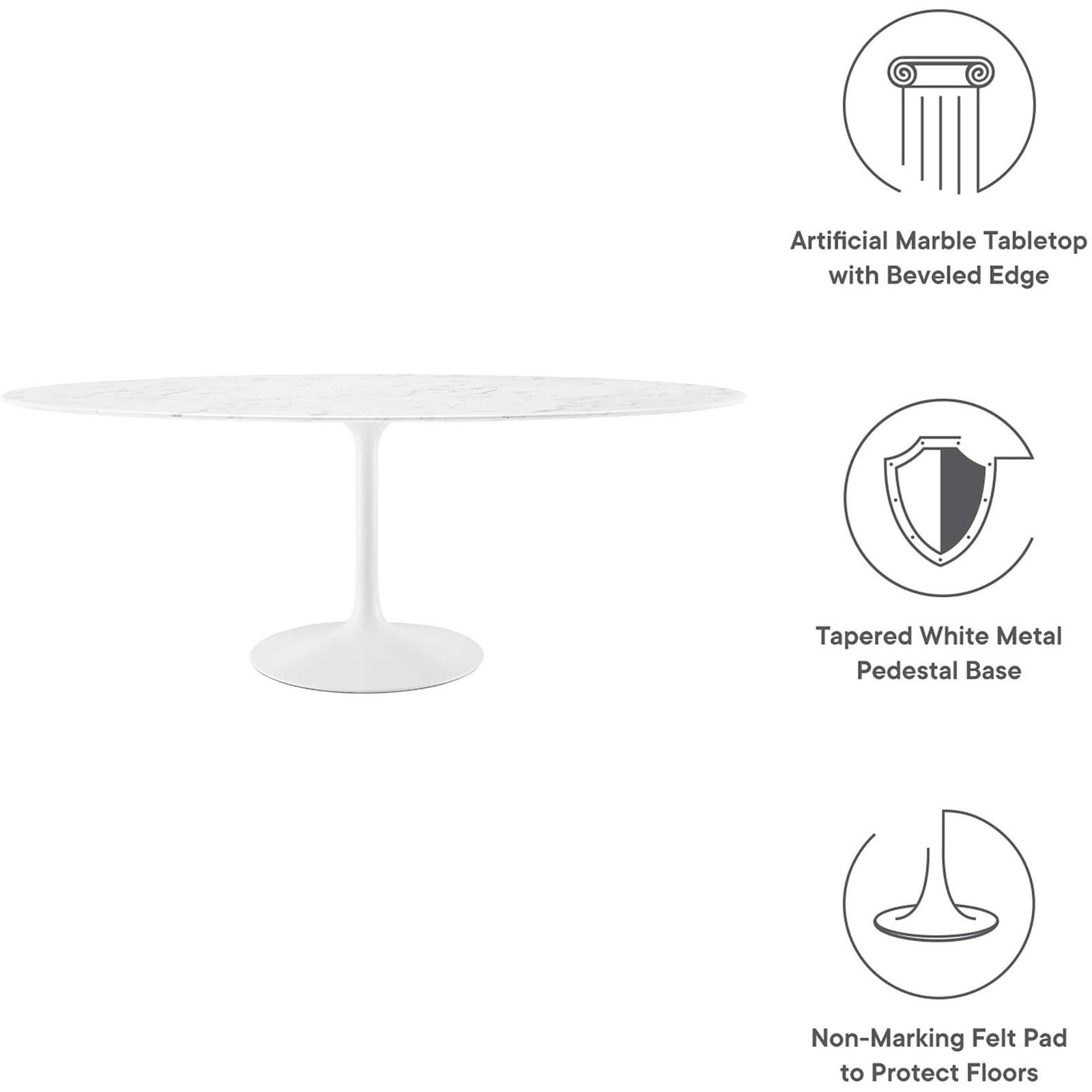 Informational graphic highlights the marble finish top, pedestal base, and non marking floor pad || EEI-1659-WHI || callout_studio