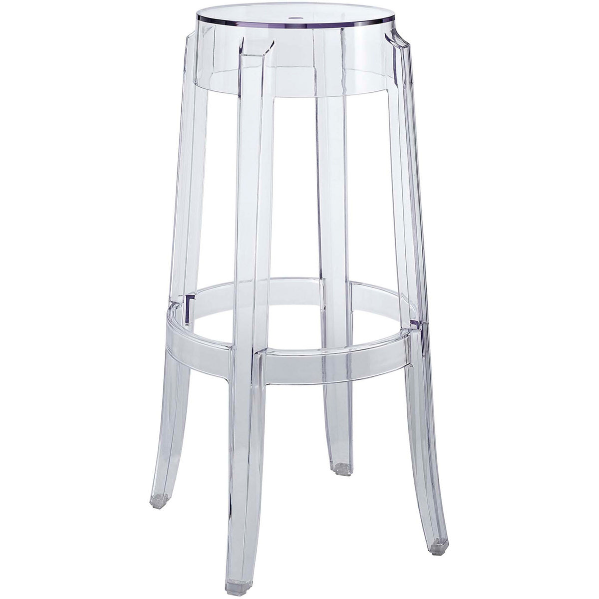 Transparent bar stool combines a round seat, tapered legs and a circular footrest. || EEI-170-CLR || front_angle_studio
