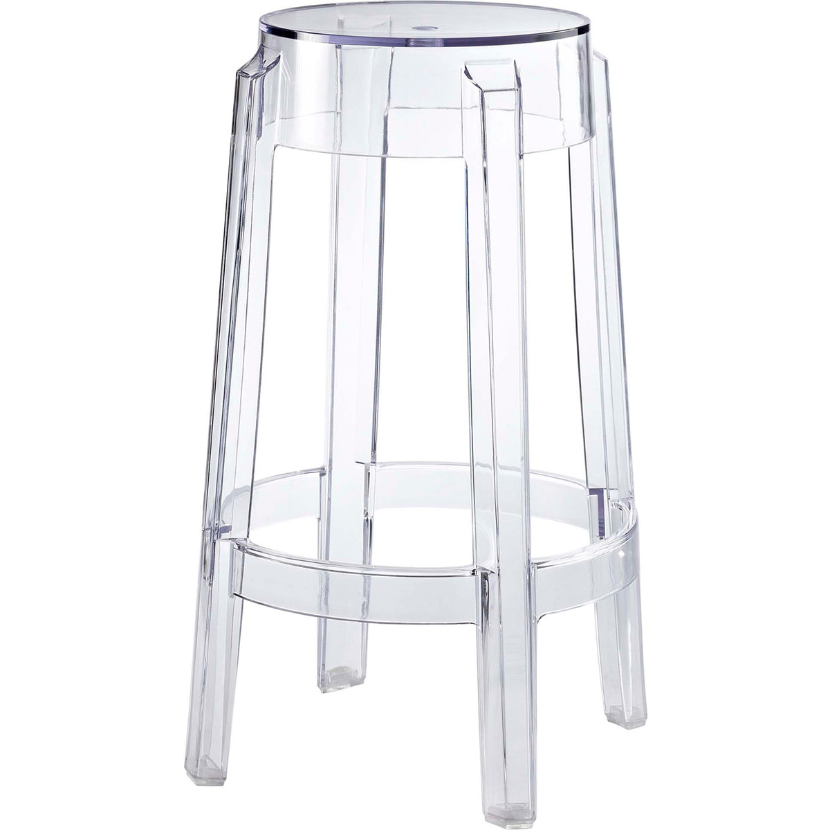 Clear counter-height stool pairs a round seat with flared legs and a circular footrest.