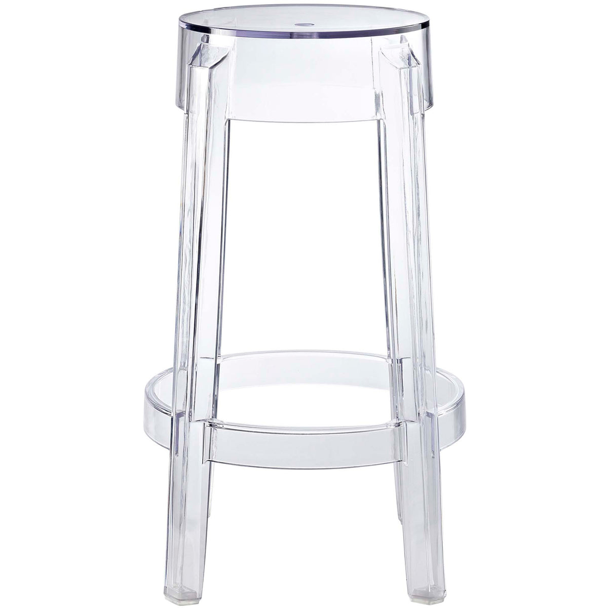 A transparent counter stool features a smooth round seat and a light, open profile. || EEI-171-CLR || front_studio