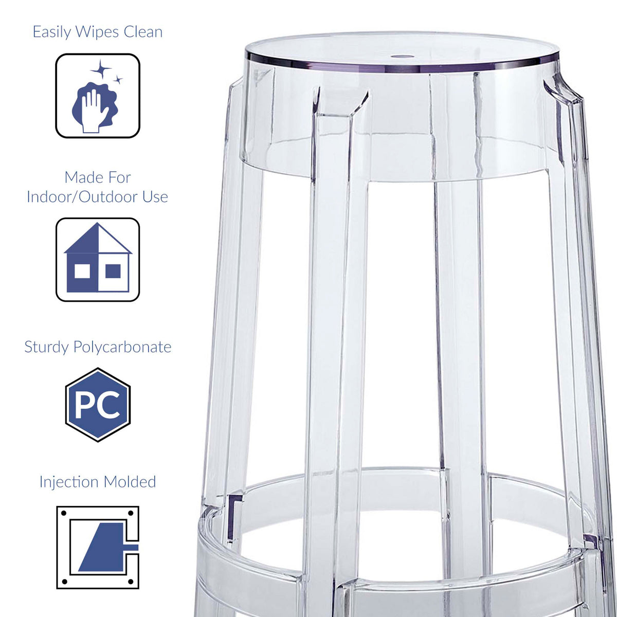 Easy-clean, injection-molded polycarbonate offers sturdy indoor-outdoor versatility.