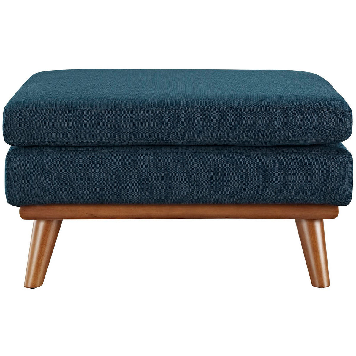 Thick blue cushion rests above a tailored base and tapered wood legs || EEI-1797-AZU || front_studio