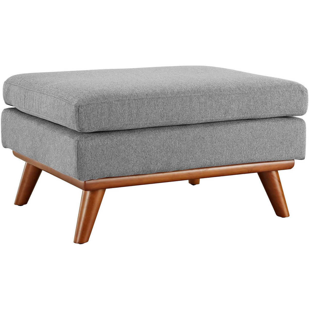 Light gray ottoman pairs a generous cushion with a warm wood frame and splayed legs || EEI-1797-GRY || front_angle_studio