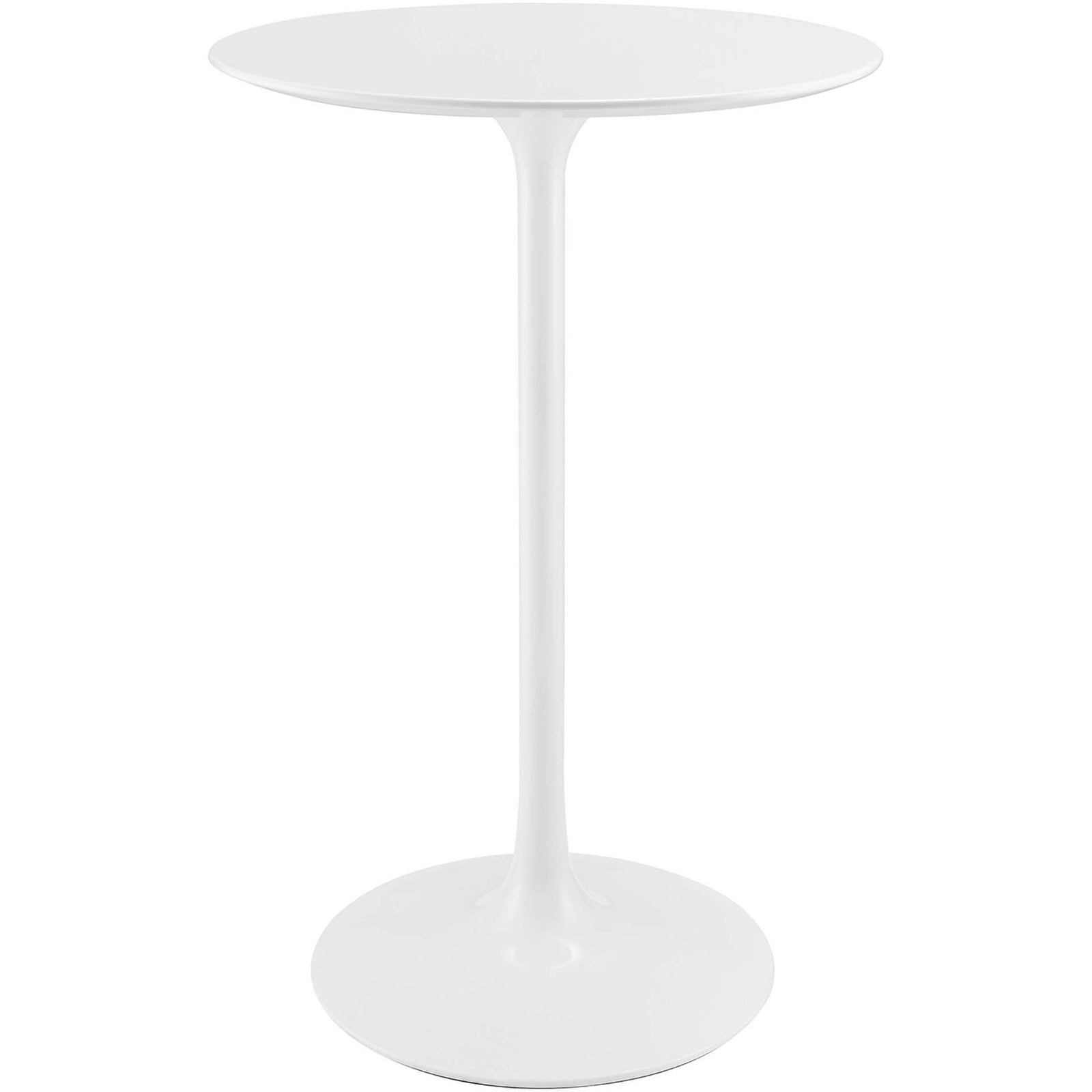 Sleek white pedestal bar table with a glossy 28-inch round top and tapered base for a modern, airy look || EEI-1825-WHI || front_studio