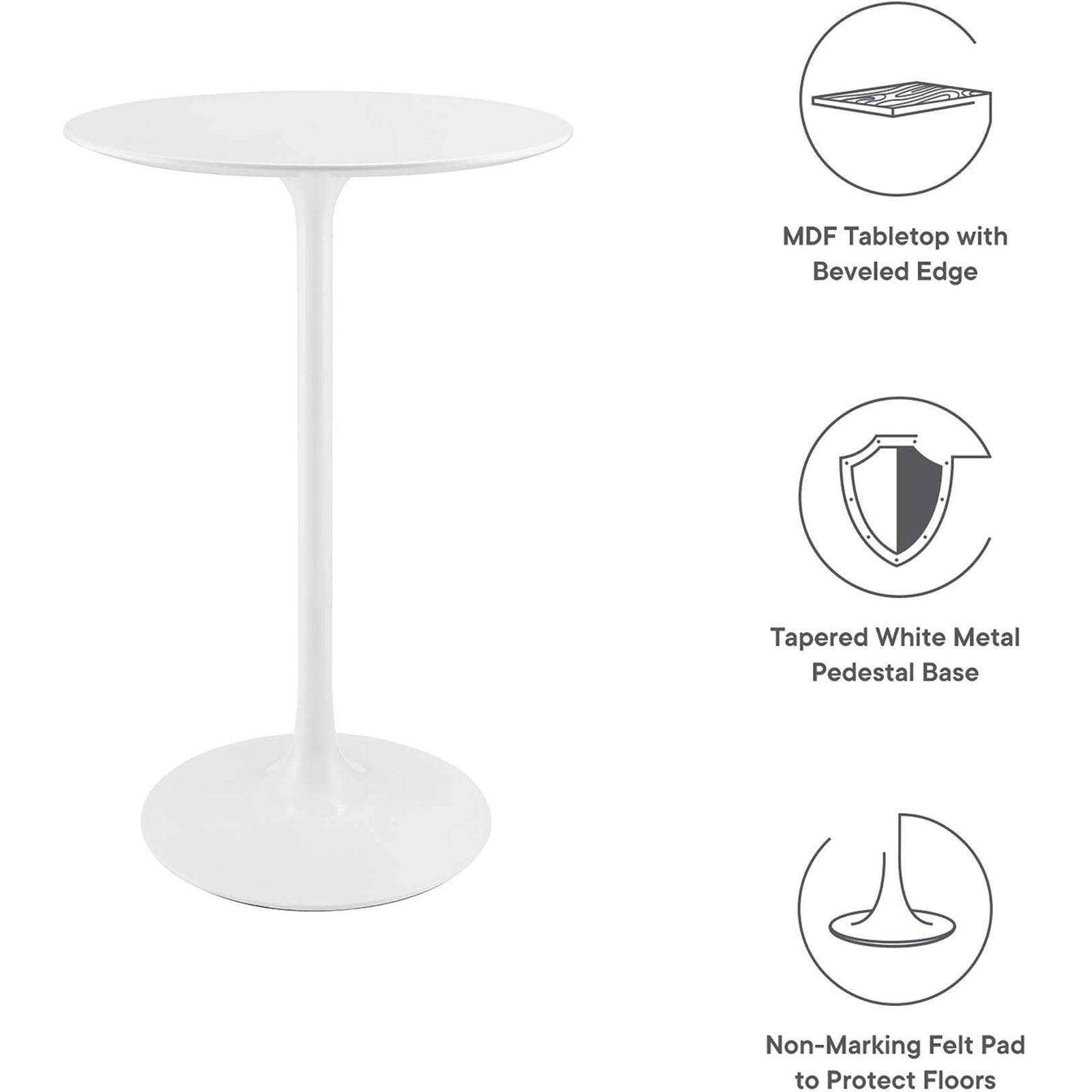 High-gloss MDF top, tapered pedestal base, and floor-friendly felt pad for lasting everyday use || EEI-1825-WHI || callout_studio