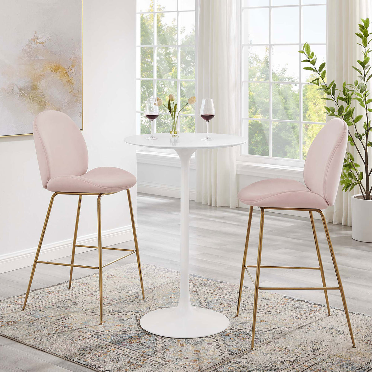 Modern white pedestal bar table anchors a bright dining nook with timeless mid-century appeal || EEI-1825-WHI || front_room