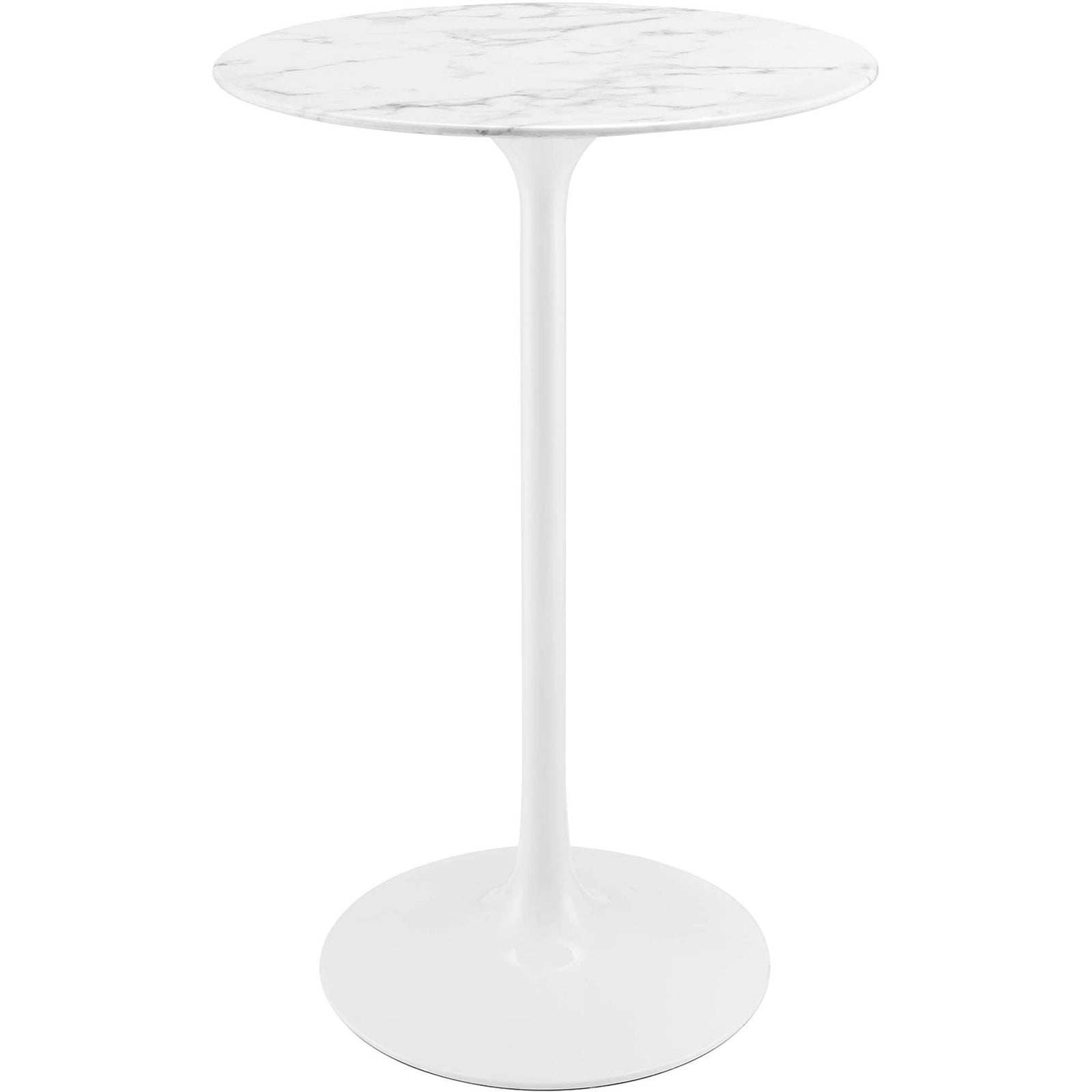 Sleek pedestal bar table with round faux marble top and tapered base || EEI-1827-WHI || front_studio