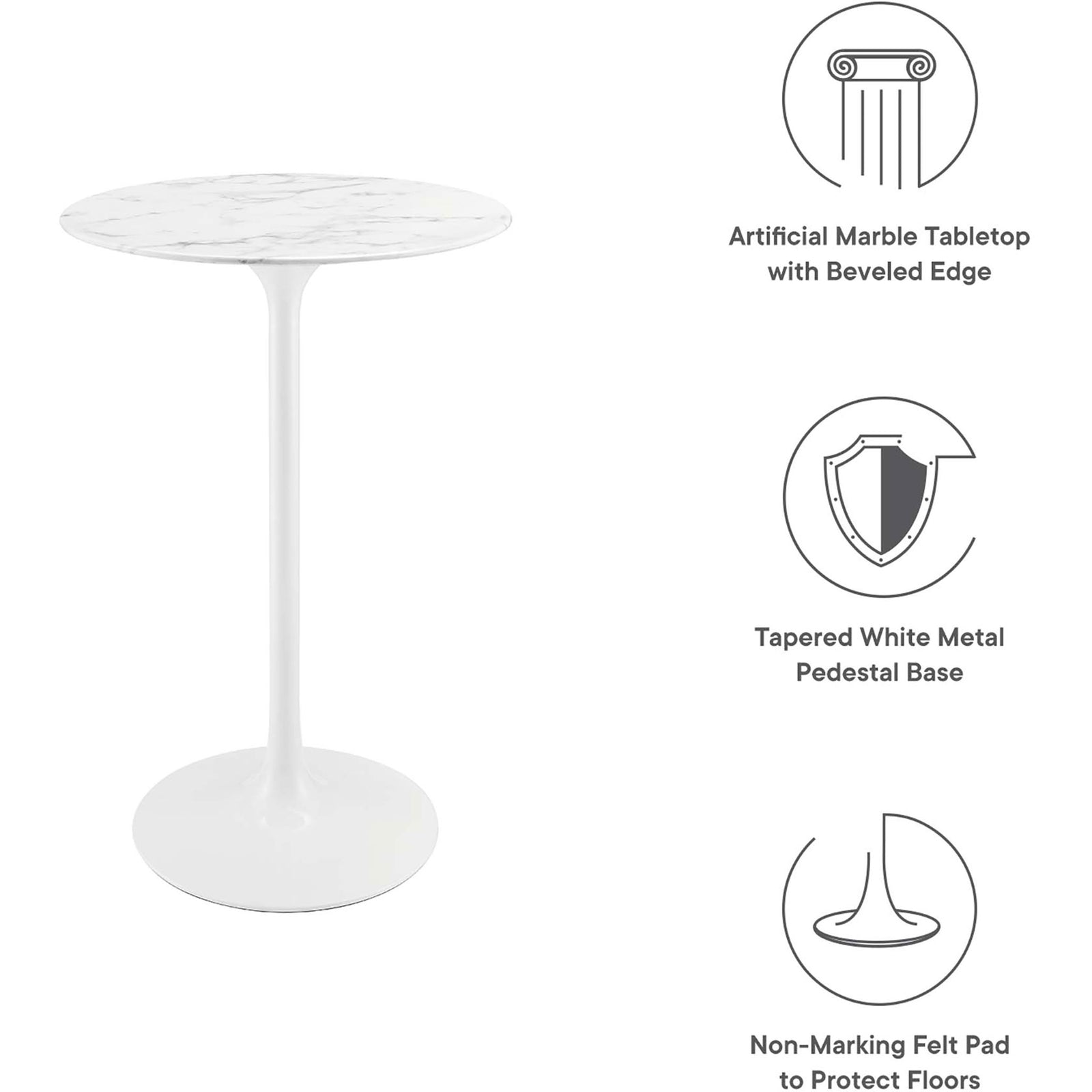 Artificial marble top with beveled edge, tapered pedestal base, and non-marking felt pad || EEI-1827-WHI || callout_studio