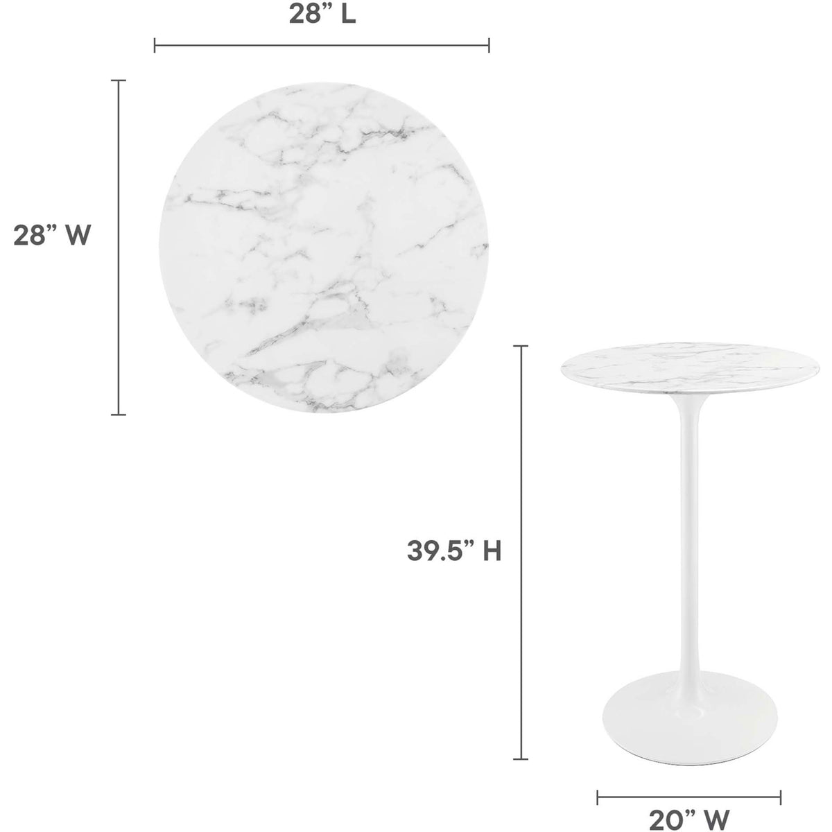 Bar-height design with 28-inch round top and 39.5-inch overall height || EEI-1827-WHI || dimension_studio