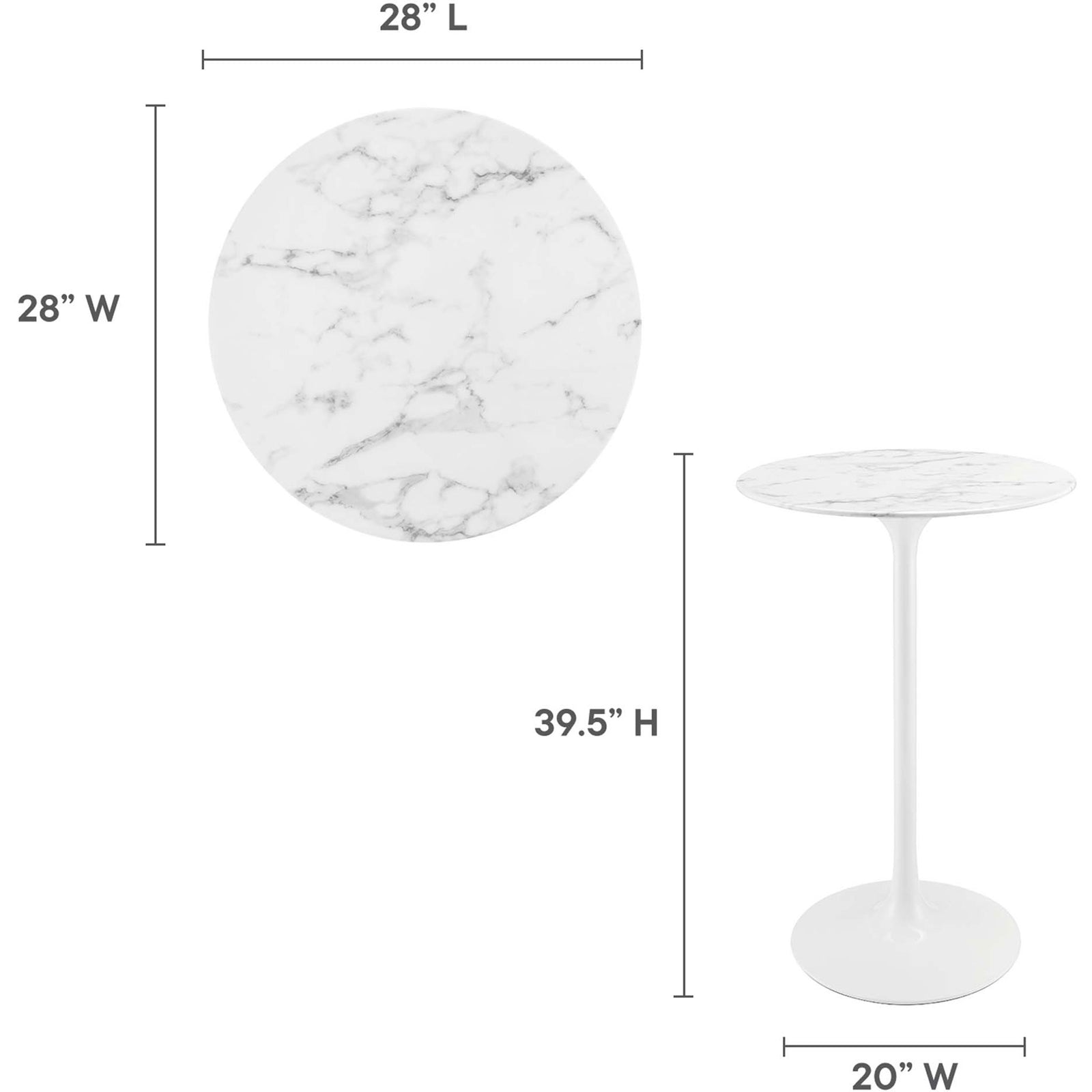 Bar-height design with 28-inch round top and 39.5-inch overall height || EEI-1827-WHI || dimension_studio