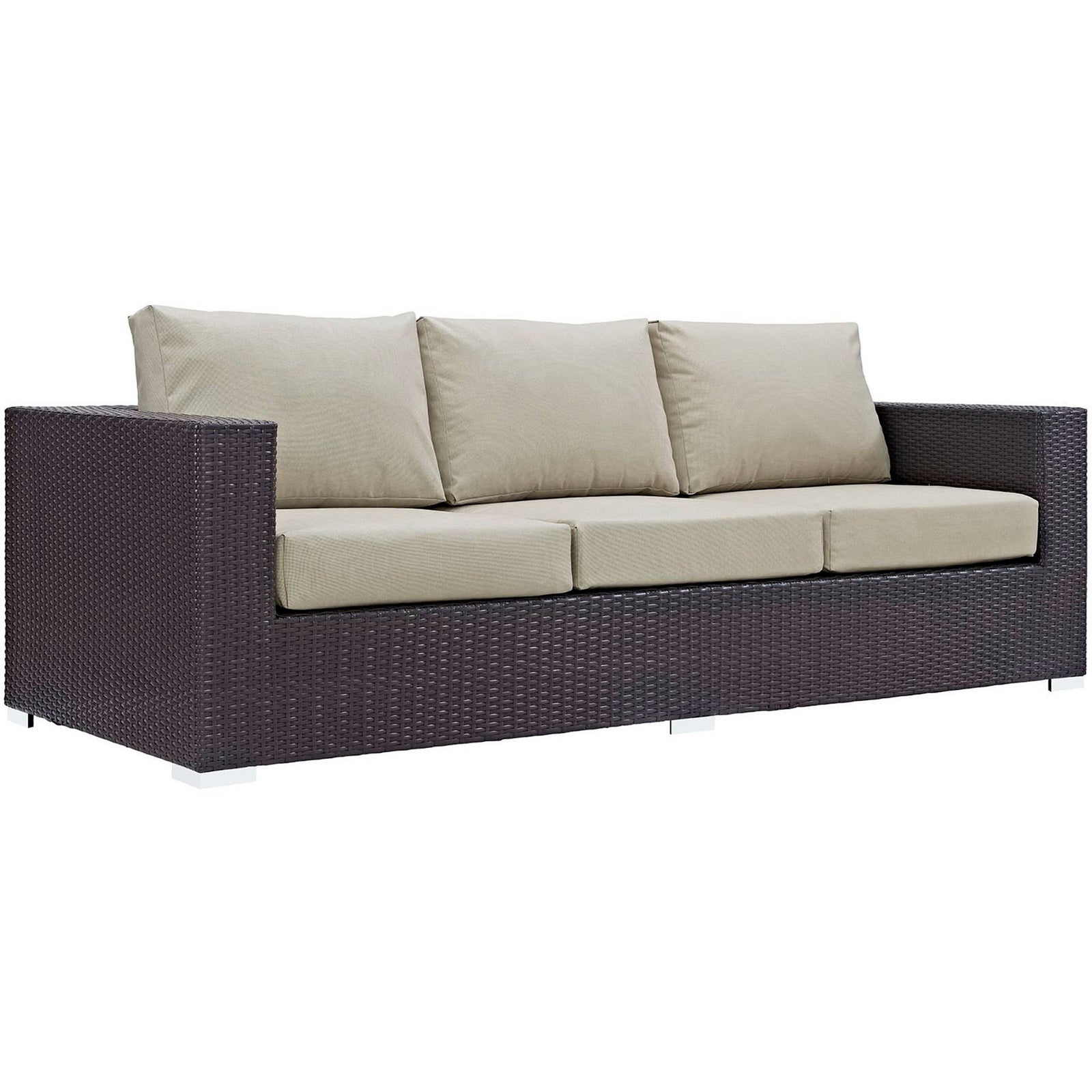 Espresso rattan patio sofa with three deep beige cushions and wide contemporary track arms. || EEI-1844-EXP-BEI || front_angle_studio