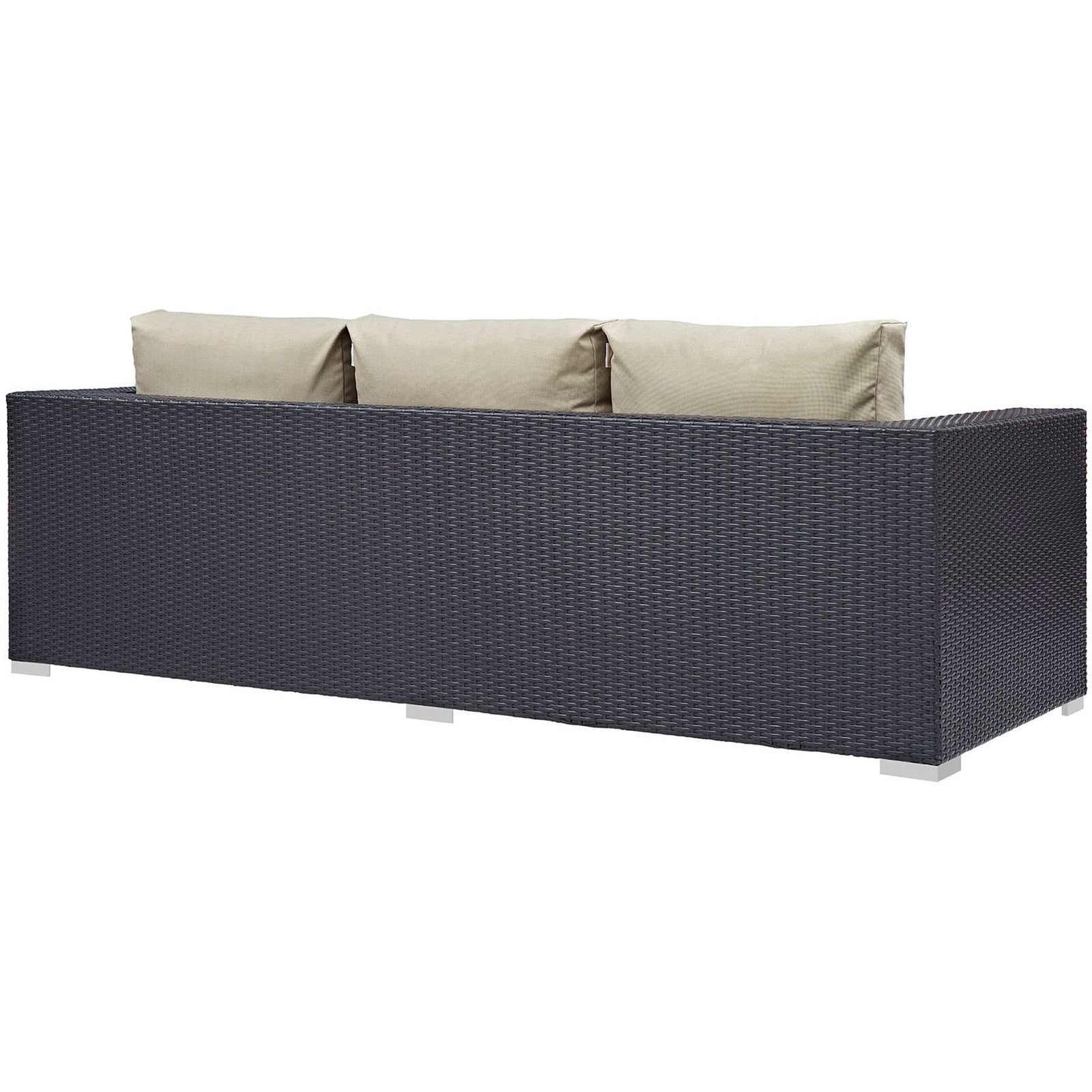 Espresso rattan outdoor sofa with smooth woven back panel and crisp, streamlined modern form. || EEI-1844-EXP-BEI || back_angle_studio