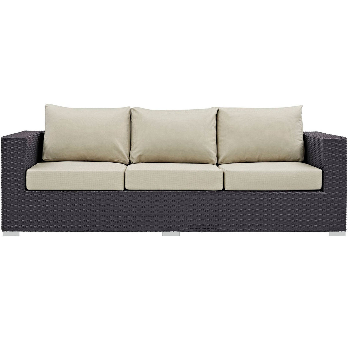 Convene outdoor sofa in espresso wicker with plush beige cushions and a sleek low-profile silhouette. || EEI-1844-EXP-BEI || front_studio
