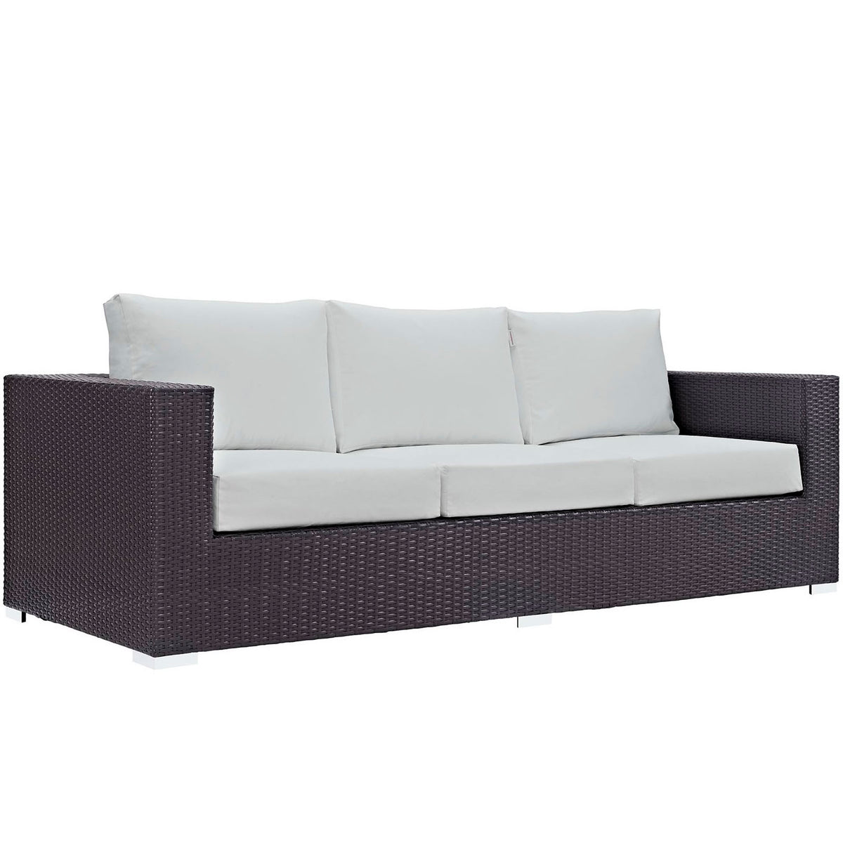 Espresso rattan patio sofa with bright white cushions and wide arms for spacious three-seat comfort. || EEI-1844-EXP-WHI || front_angle_studio