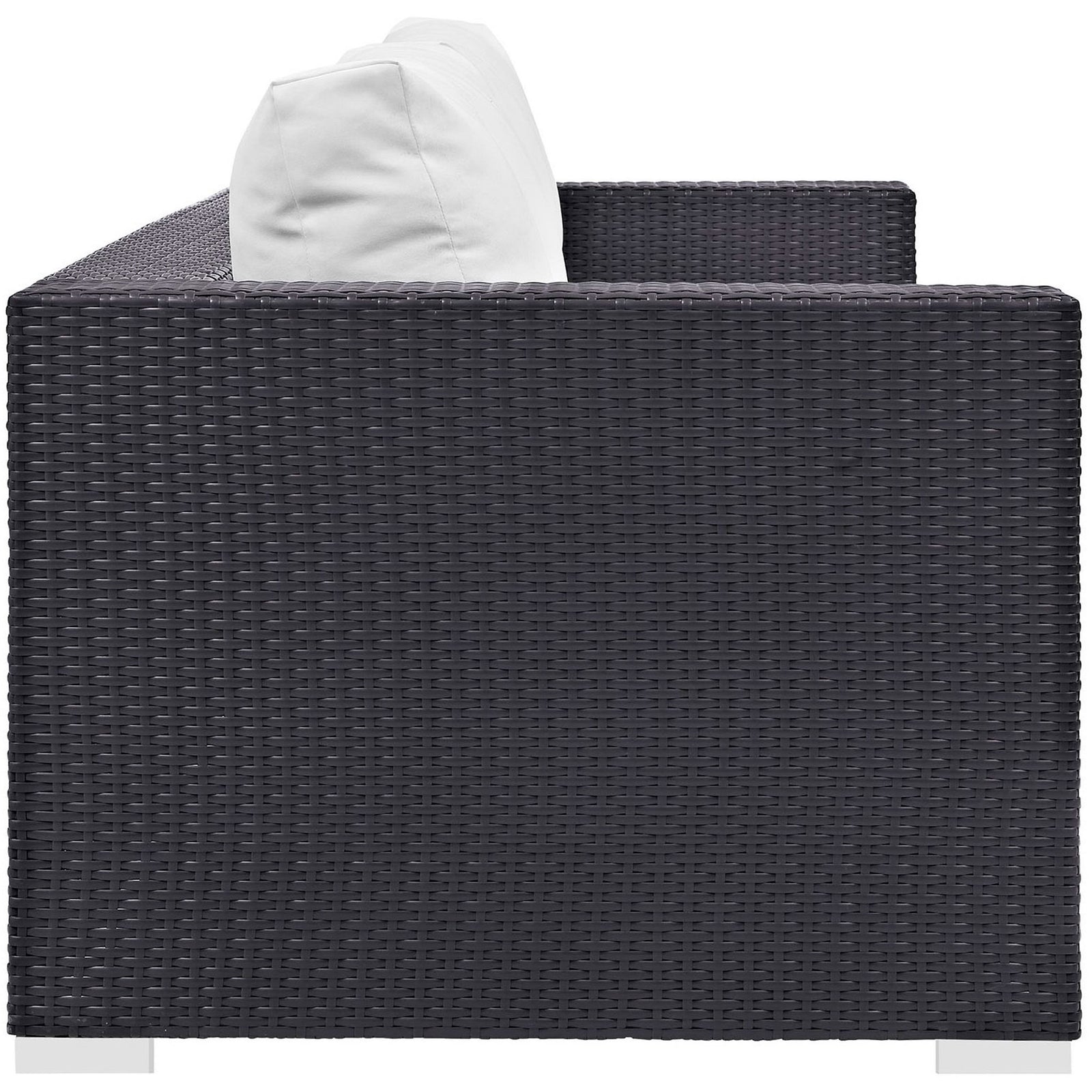 Box-arm espresso wicker sofa with tightly woven sides and thick white cushions for inviting outdoor seating. || EEI-1844-EXP-WHI || side_studio