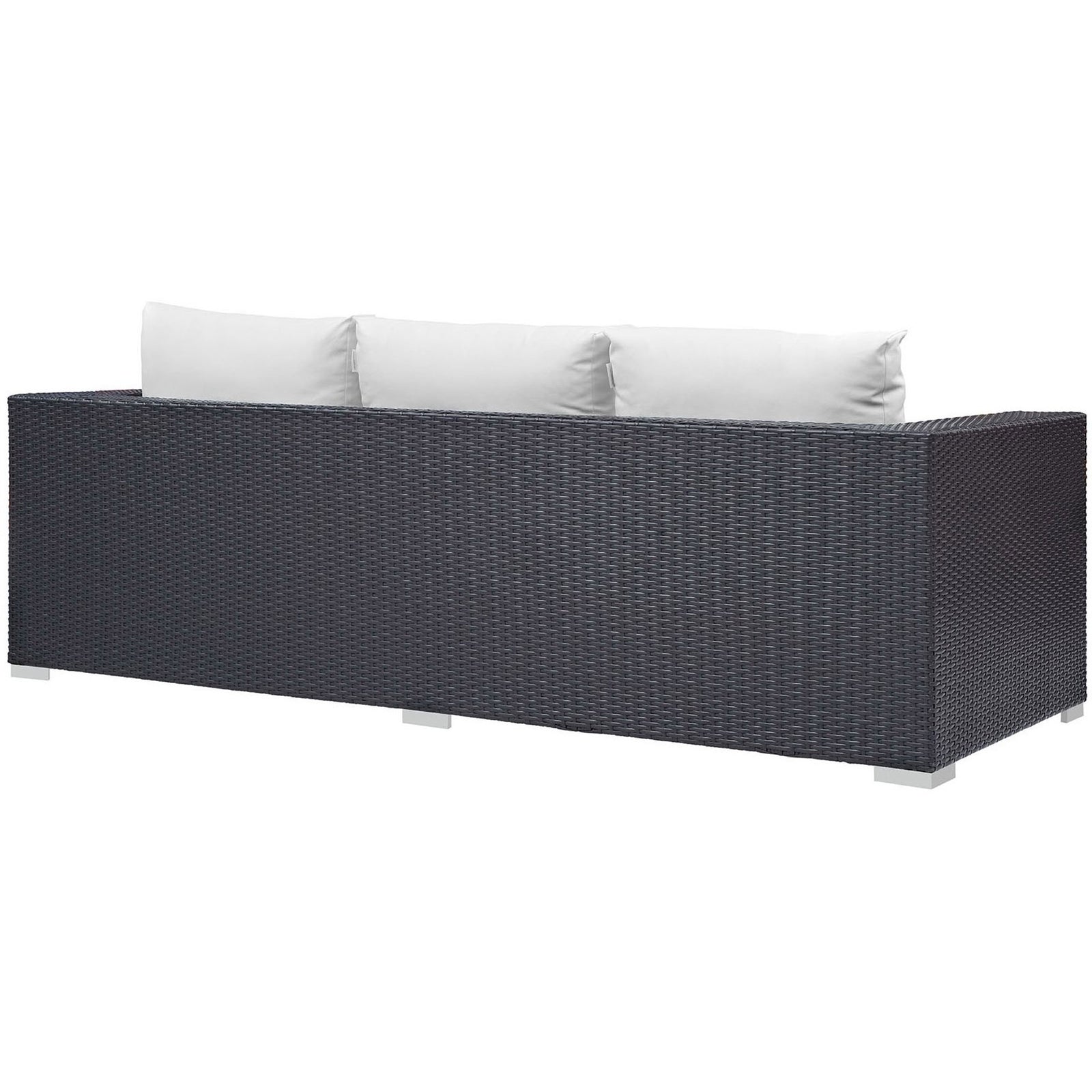 Convene outdoor sofa featuring a continuous espresso rattan back and clean, minimalist silhouette. || EEI-1844-EXP-WHI || back_angle_studio