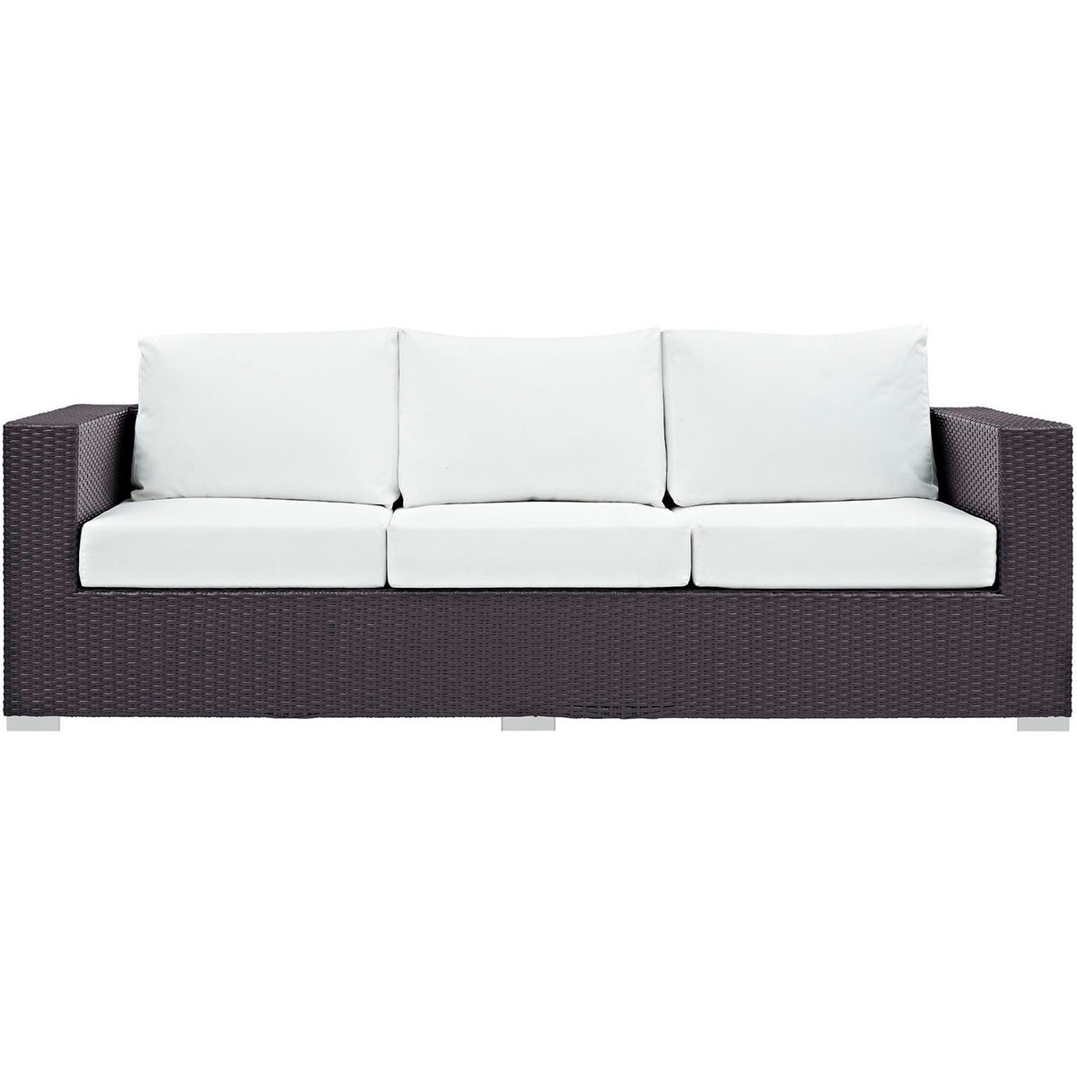 Convene outdoor sofa in dark espresso wicker with thick white cushions and a streamlined modern profile. || EEI-1844-EXP-WHI || front_studio