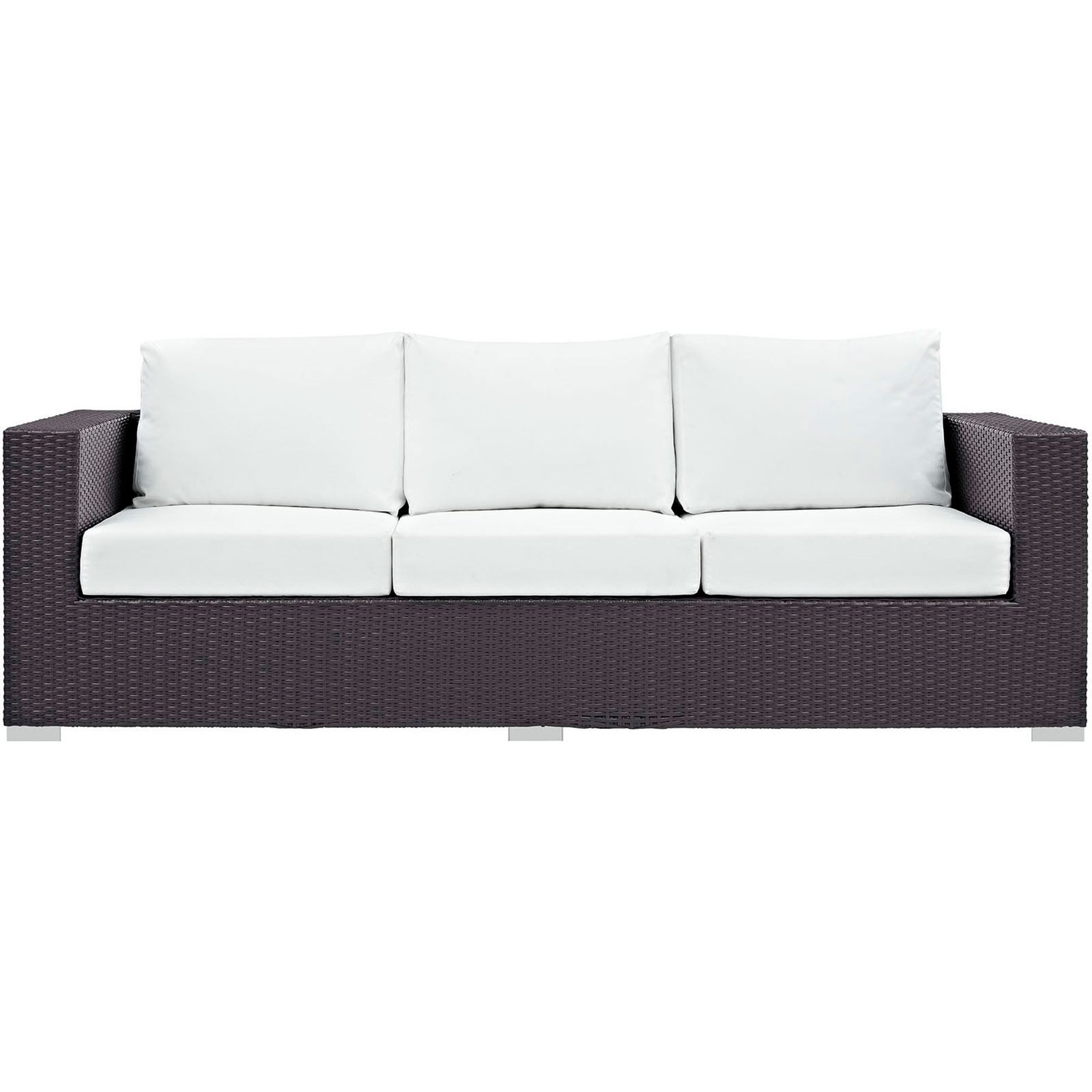 Convene outdoor sofa in dark espresso wicker with thick white cushions and a streamlined modern profile. || EEI-1844-EXP-WHI || front_studio