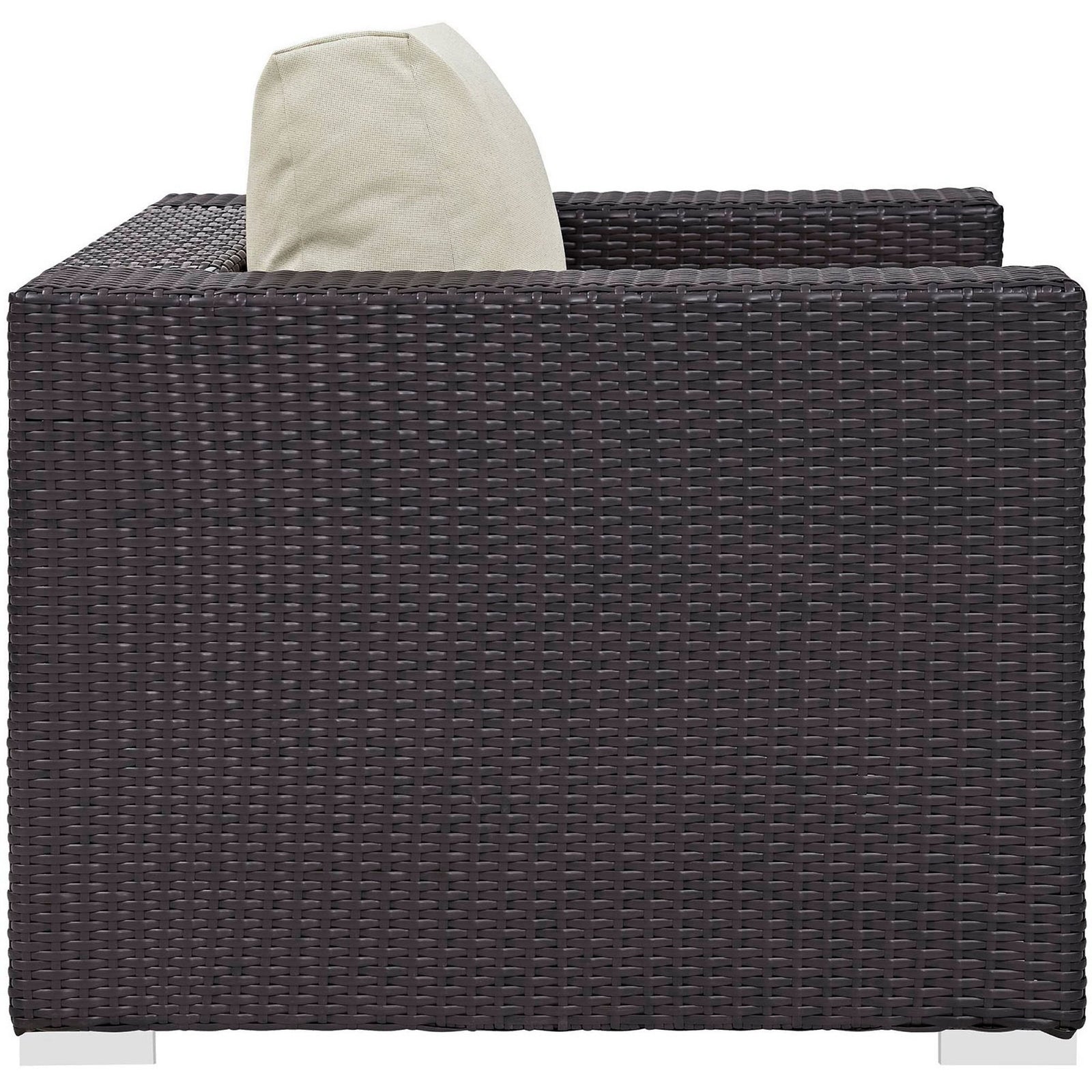 Espresso woven patio armchair with straight track arm and deep cushioned beige seat || EEI-1906-EXP-BEI || side_studio