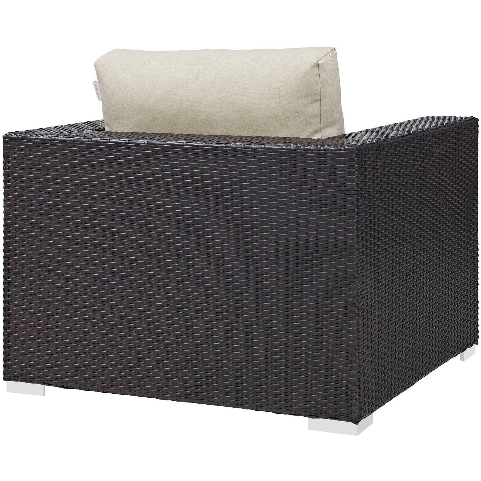 Espresso rattan outdoor armchair with fully woven back and simple contemporary lines || EEI-1906-EXP-BEI || back_angle_studio