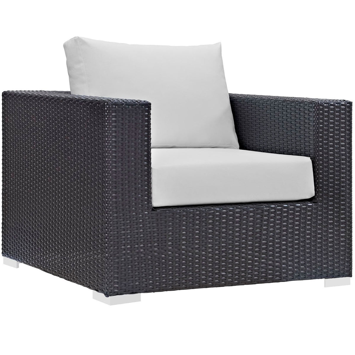 Espresso wicker outdoor armchair with crisp white cushions and a clean modern profile || EEI-1906-EXP-WHI || front_angle_studio
