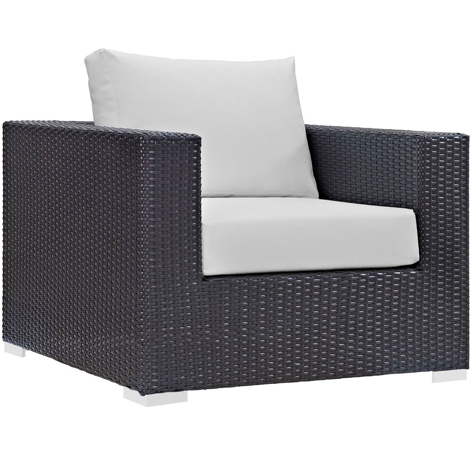 Espresso wicker outdoor armchair with crisp white cushions and a clean modern profile || EEI-1906-EXP-WHI || front_angle_studio
