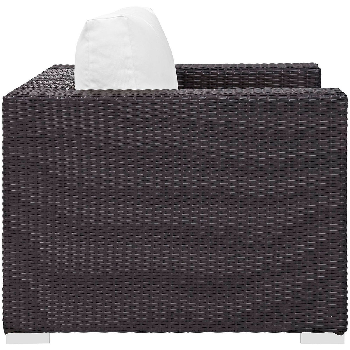Espresso woven patio armchair with squared arm and plush white seat cushion || EEI-1906-EXP-WHI || side_studio