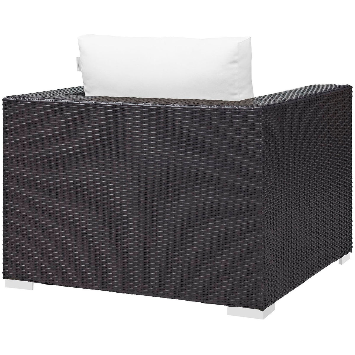 Espresso rattan outdoor armchair with fully woven back and low profile design || EEI-1906-EXP-WHI || back_angle_studio