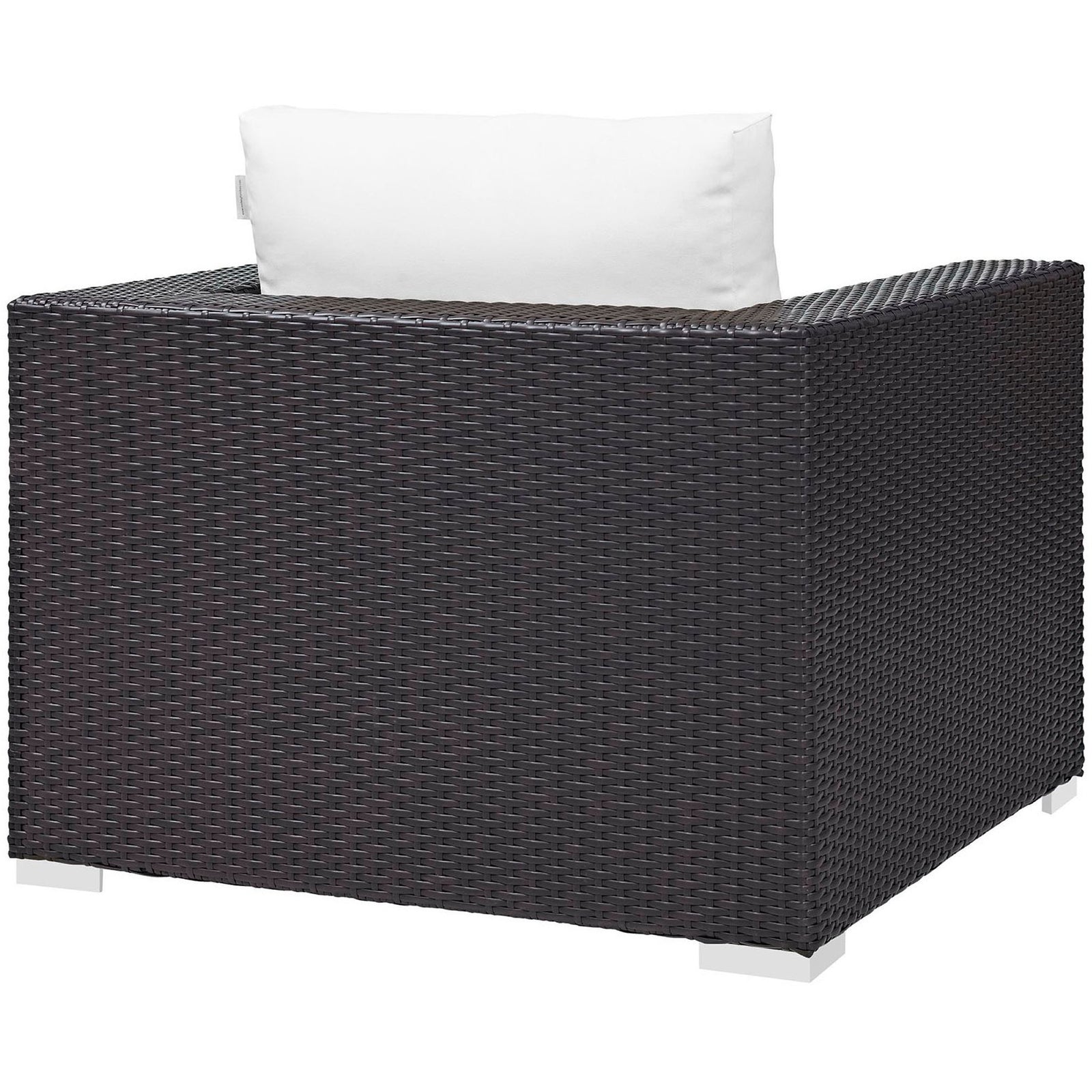 Espresso rattan outdoor armchair with fully woven back and low profile design || EEI-1906-EXP-WHI || back_angle_studio