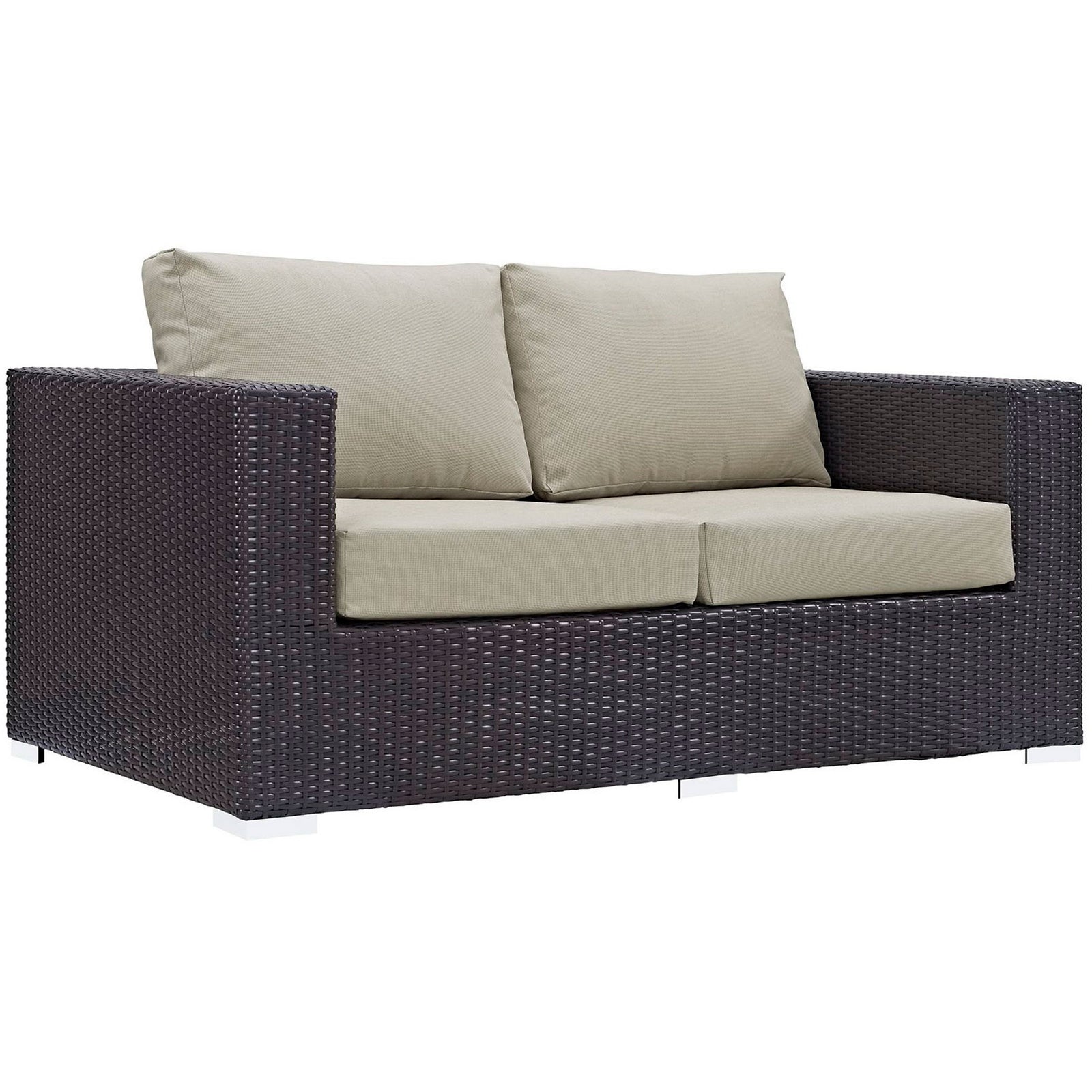 Espresso wicker outdoor loveseat with beige cushions adds contemporary comfort to your deck or poolside || EEI-1907-EXP-BEI || front_angle_studio