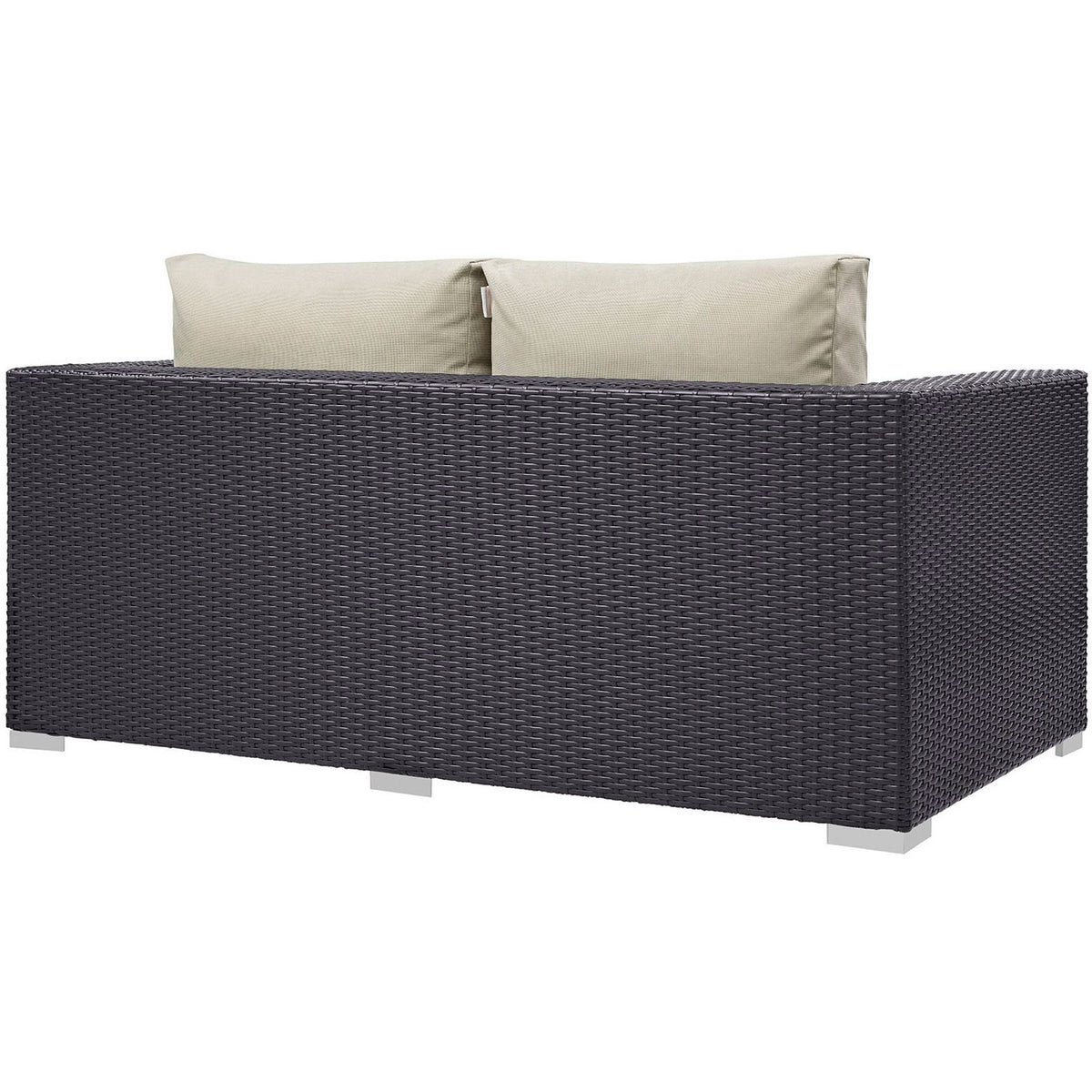 Expansive espresso wicker back panel delivers a clean, tailored look to this outdoor loveseat || EEI-1907-EXP-BEI || back_studio