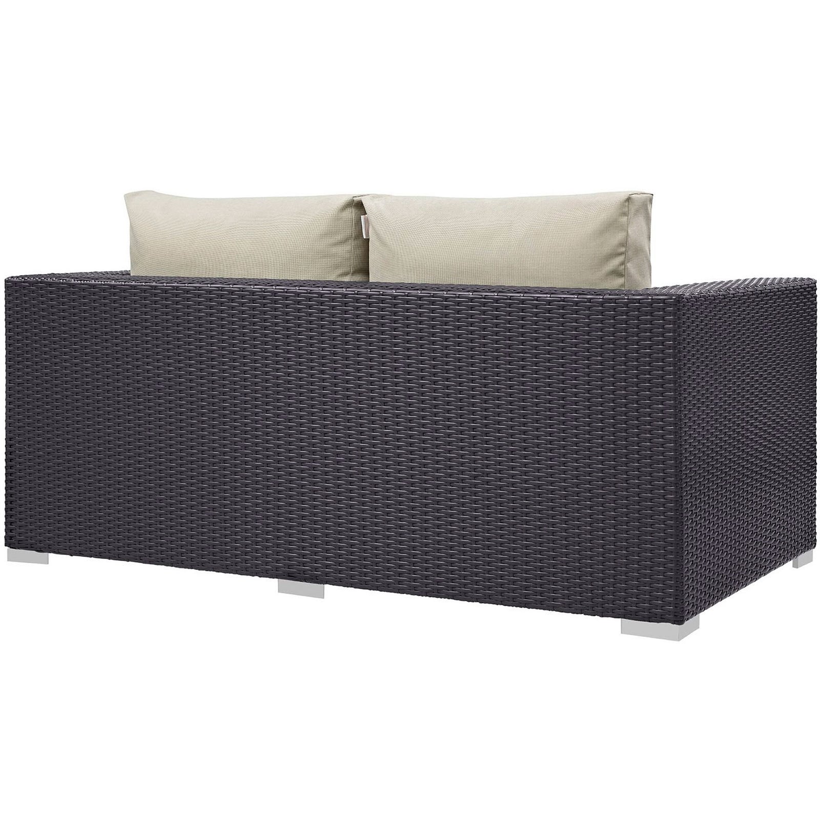 Expansive espresso wicker back panel delivers a clean, tailored look to this outdoor loveseat || EEI-1907-EXP-BEI || back_studio