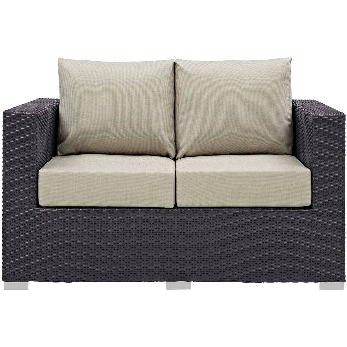 Espresso rattan loveseat with plush beige seat and back cushions creates inviting seating for two || EEI-1907-EXP-BEI || front_studio