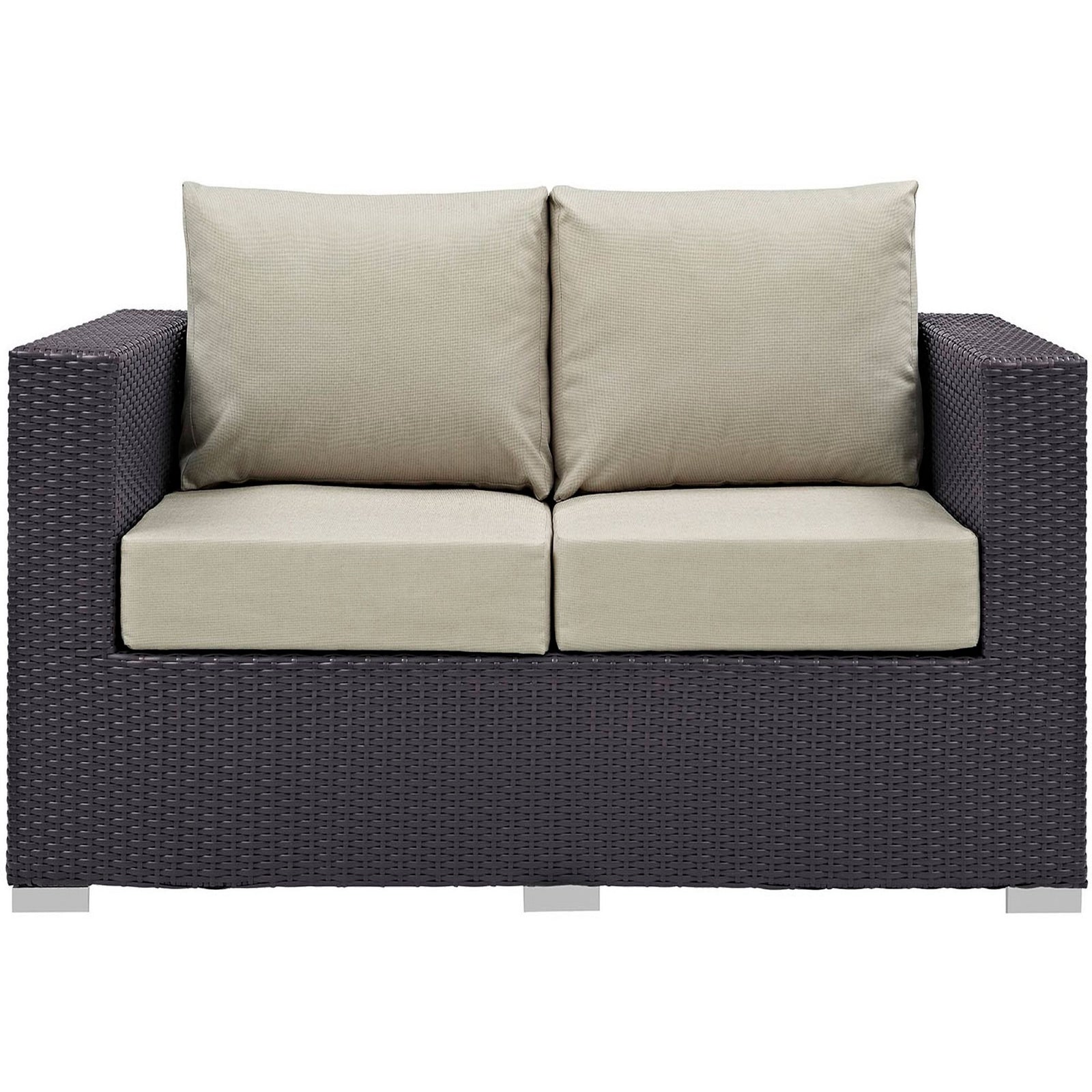 Espresso rattan loveseat with plush beige seat and back cushions creates inviting seating for two || EEI-1907-EXP-BEI || front_studio