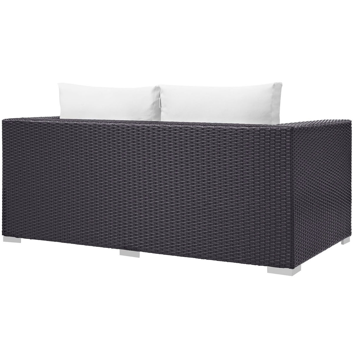 Smooth espresso wicker back and sides present a streamlined silhouette on this outdoor loveseat || EEI-1907-EXP-WHI || back_studio