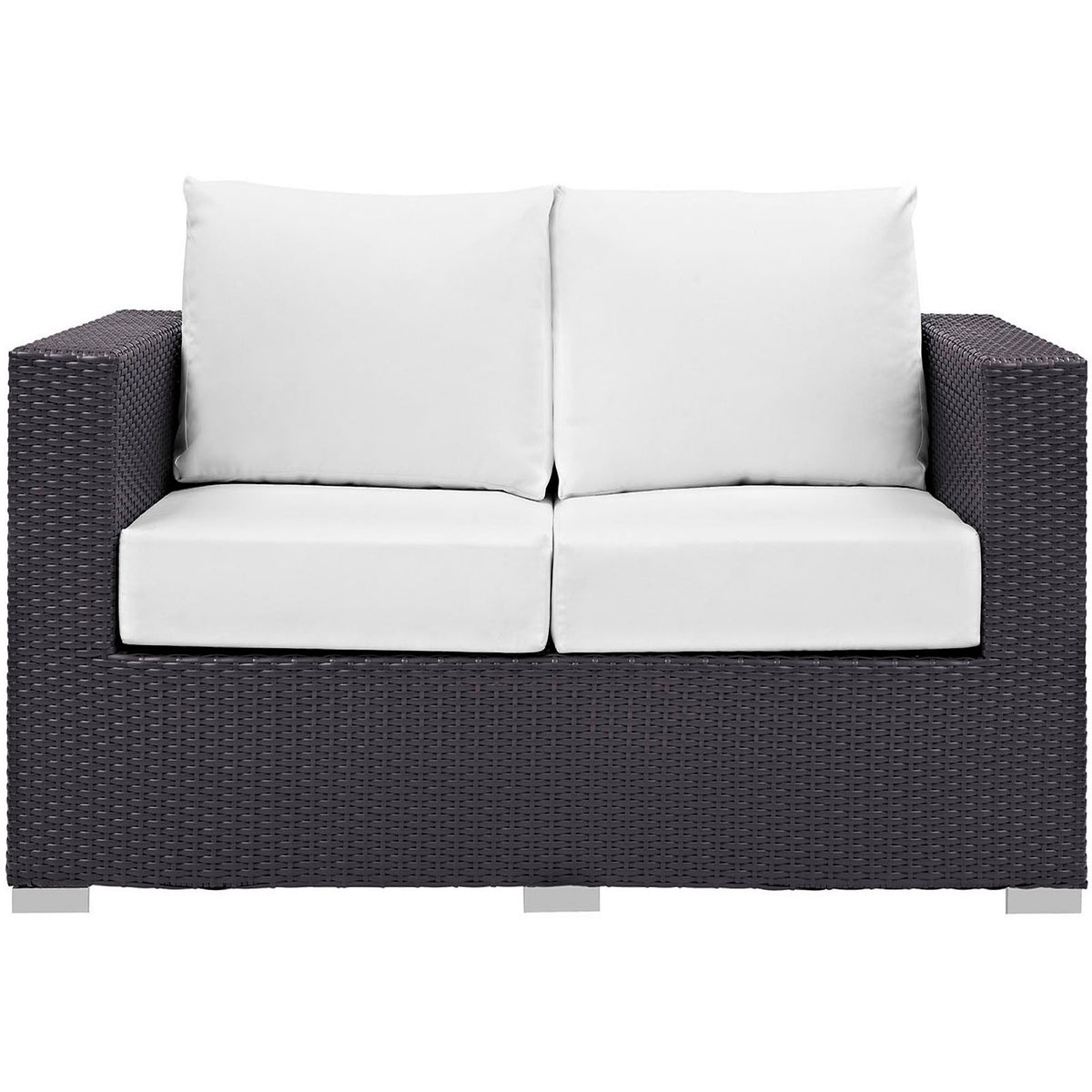 Espresso rattan loveseat with thick white cushions creates a crisp, inviting focal point outdoors || EEI-1907-EXP-WHI || front_studio