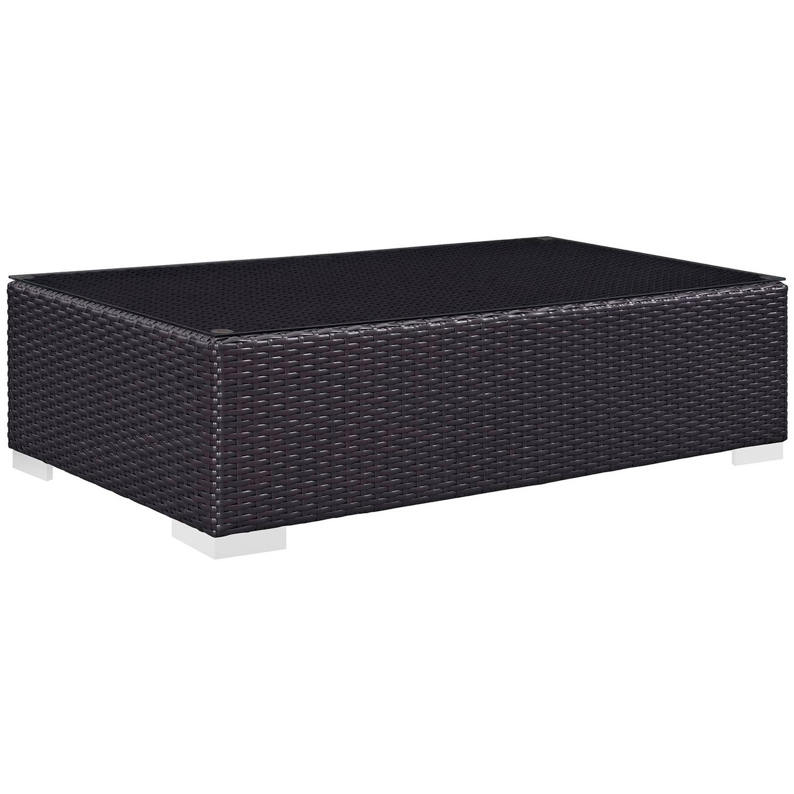 Espresso wicker outdoor coffee table with clean modern profile and sleek metal block feet || EEI-1908-EXP || front_angle_studio