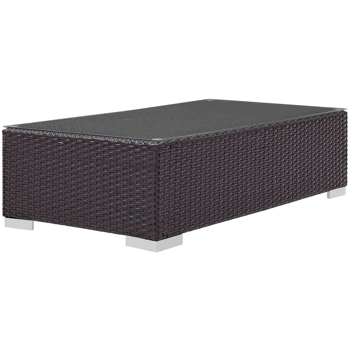Low rectangular espresso rattan coffee table with tempered glass top and sturdy aluminum feet || EEI-1908-EXP || side_studio
