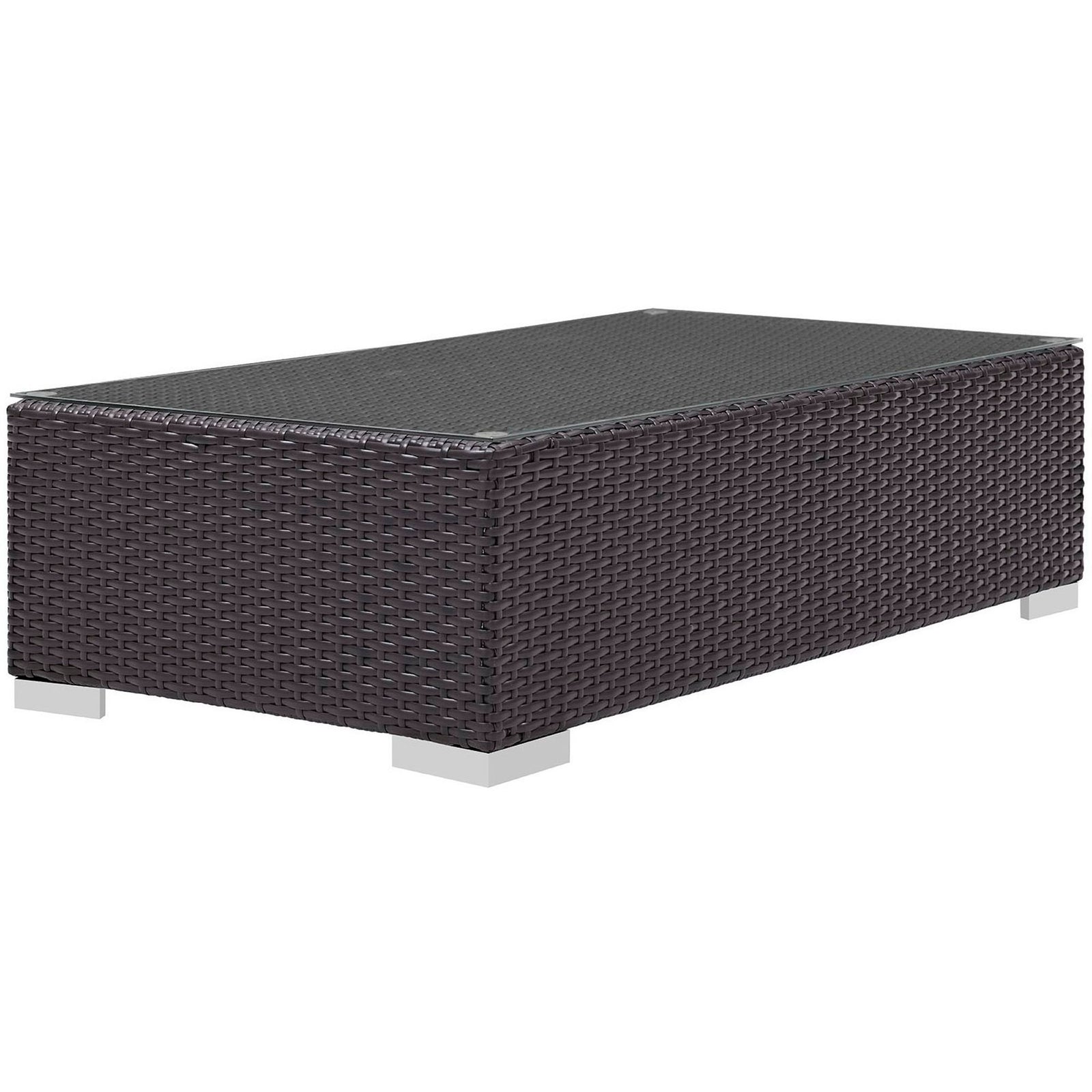 Low rectangular espresso rattan coffee table with tempered glass top and sturdy aluminum feet || EEI-1908-EXP || side_studio