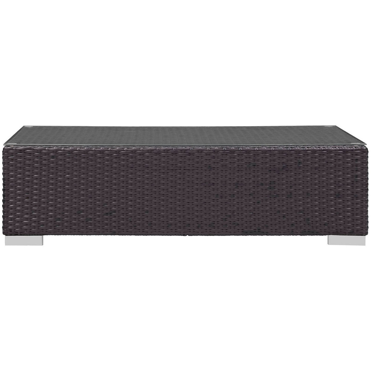 Espresso woven coffee table showcasing uniform rattan pattern and contrasting metal base || EEI-1908-EXP || front_studio