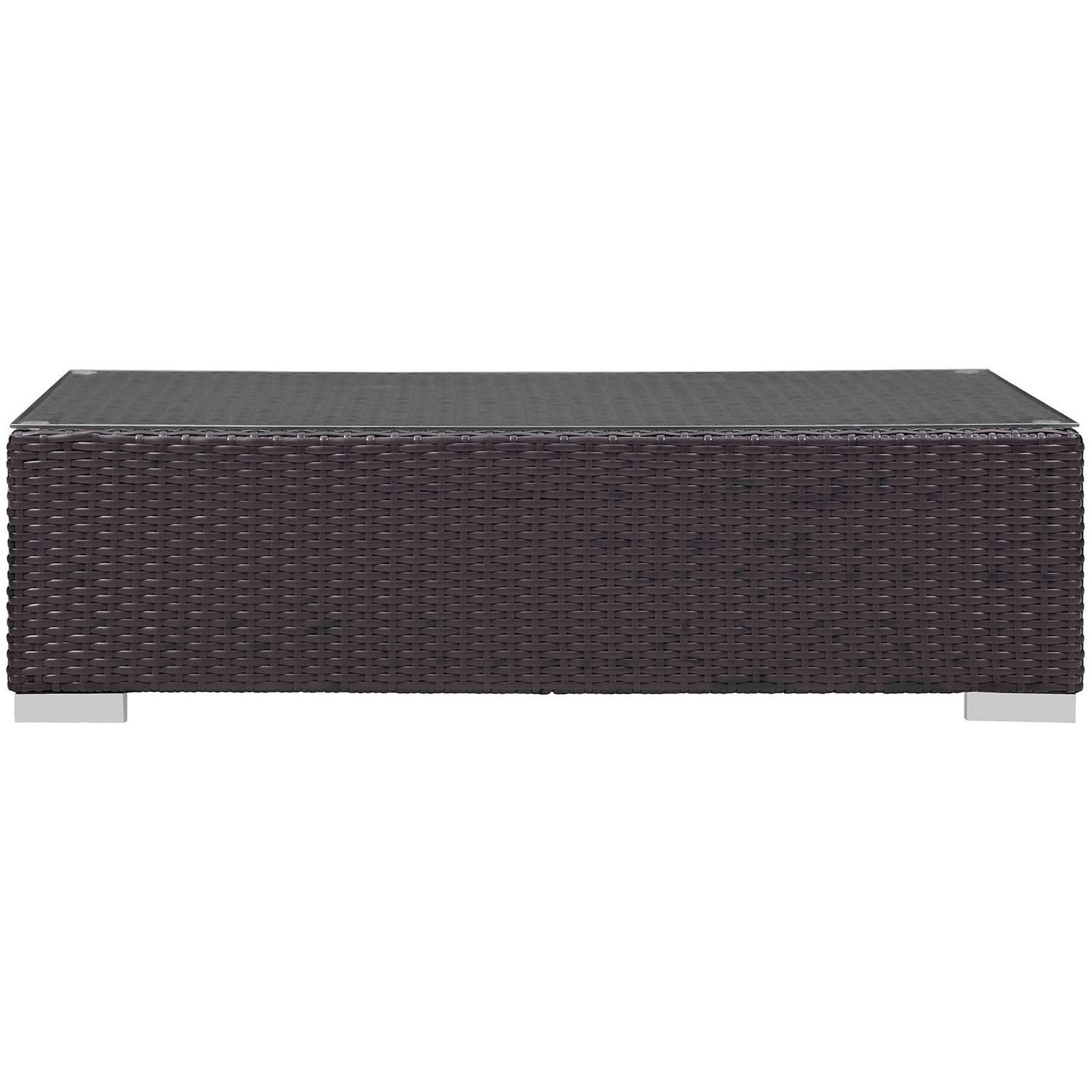 Espresso woven coffee table showcasing uniform rattan pattern and contrasting metal base || EEI-1908-EXP || front_studio